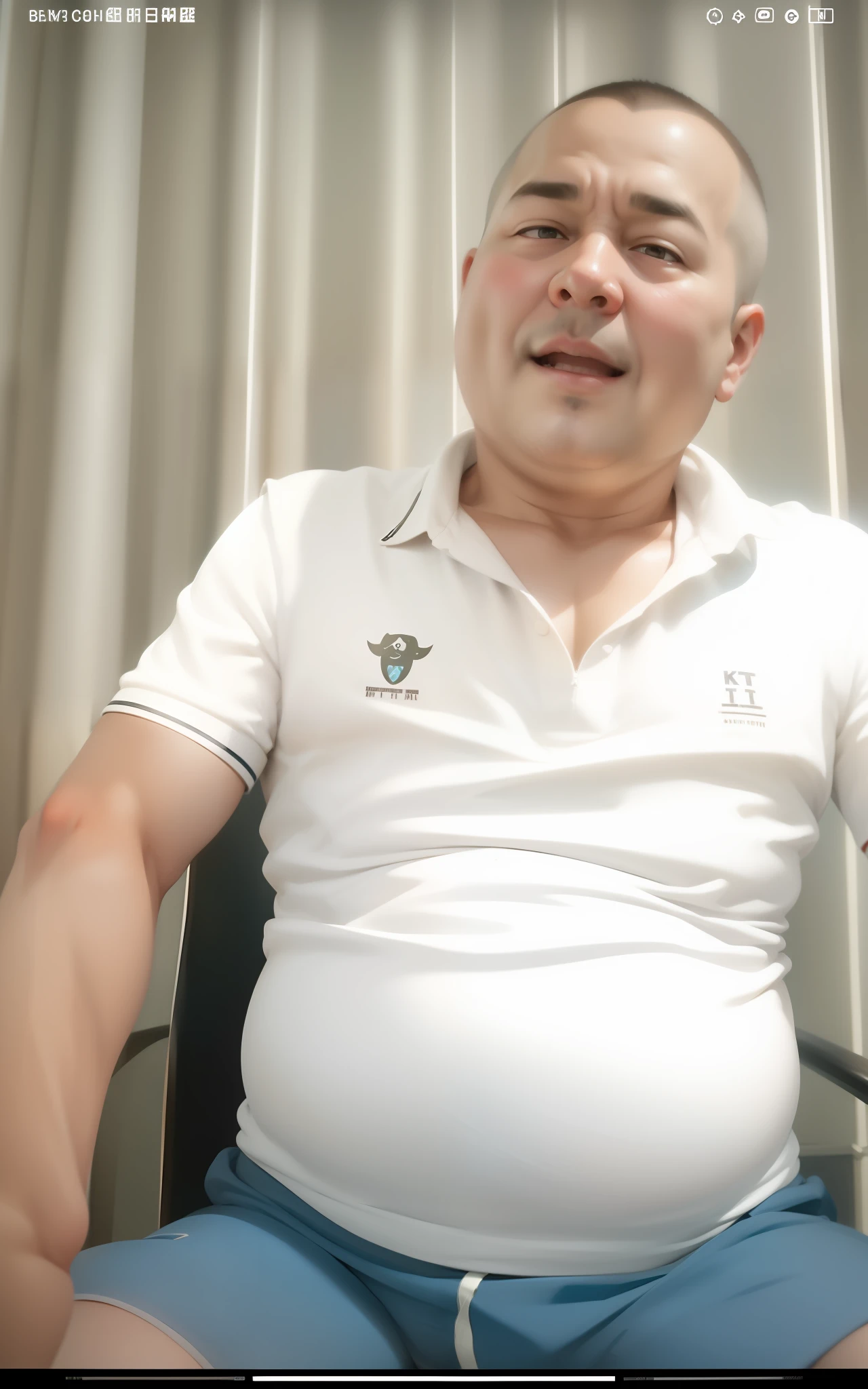 Fat uncle,mtu,with a round face,short detailed hair,ssmile,potbelly,Fat belly,Short white sleeves,blue panties,skin is smooth and fair,Excellent,k hd