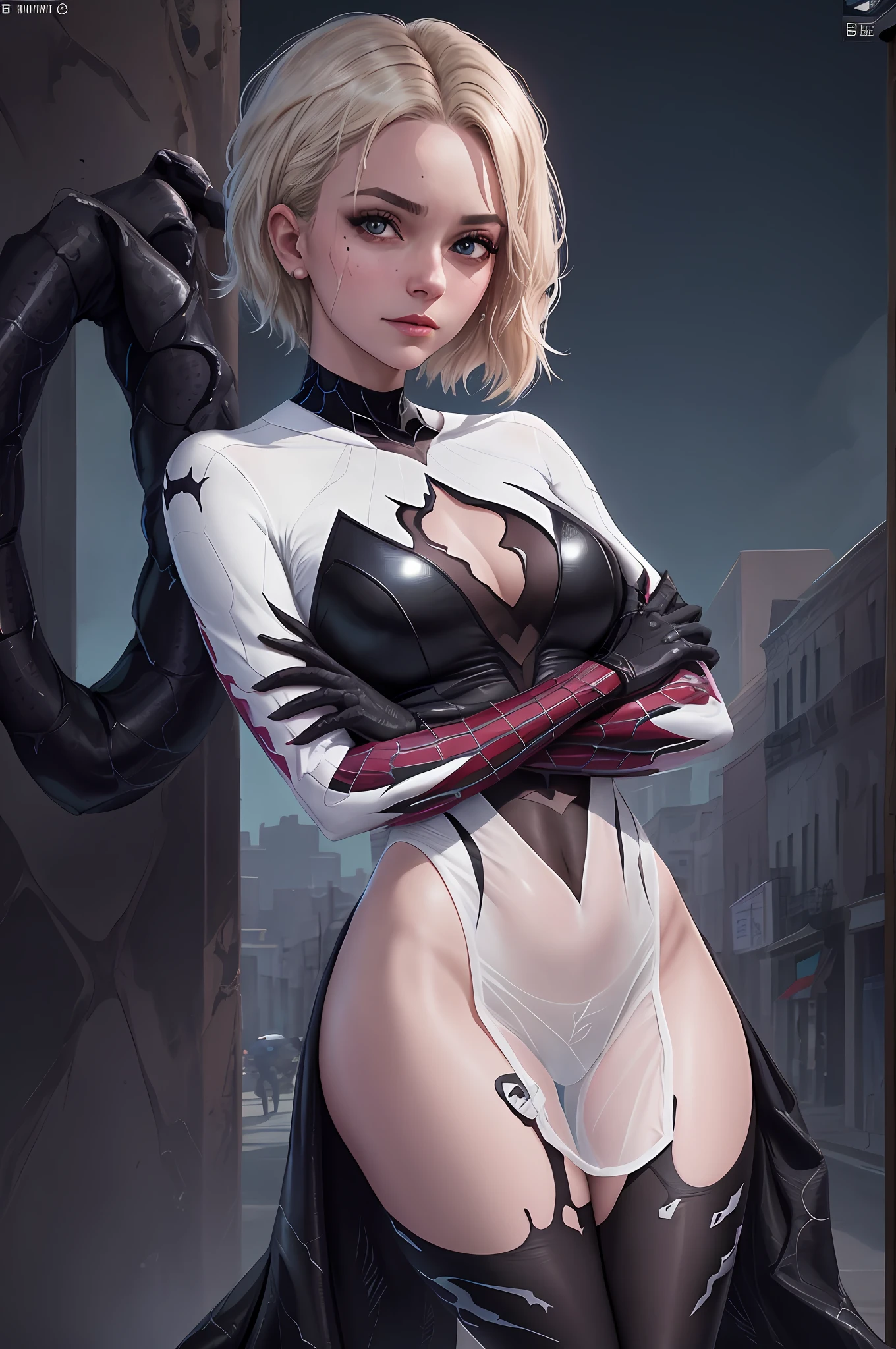 Aranha Fantasma, Gwen roupa de Simbionte Venom, preta com aranha no centro de seu peito em branco, organic-looking clothing, transparente, Simbionte, belas artes, PS5 cinematic screenshot, Highly detailed cinematic rendering, raytricing ultra fotorrealista |, with cinematic lighting, N-SFW, hot girl