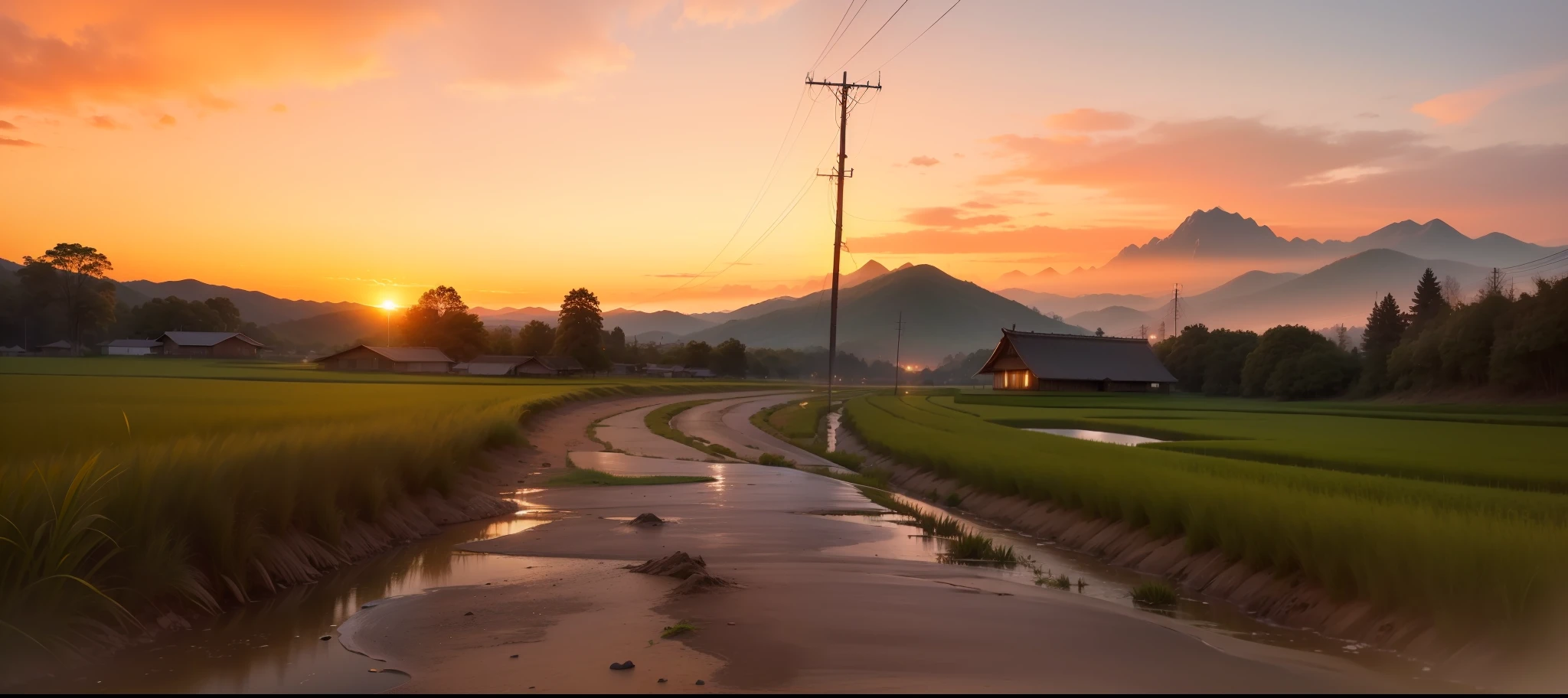 Amazing sunset panorama, mountain, rice field, 8k Wallpaper, high resolution, high pixels, Ultra realistic, hyper realistic,