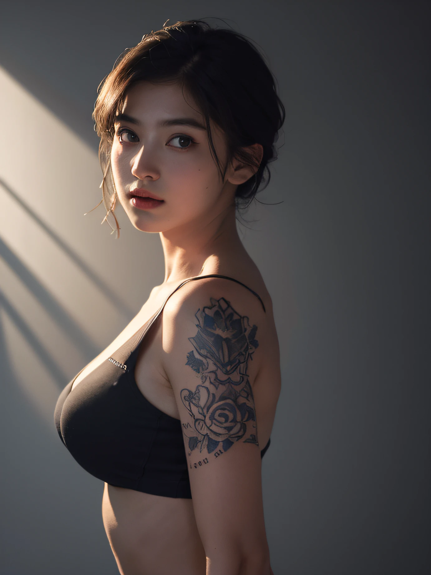 Best quality, masterpiece, ultra high res, (photorealistic:1.5), raw photo, 1girl, offshoulder, tattoed body, in the dark, deep shadow, low key, cold light, sexy look, short hair