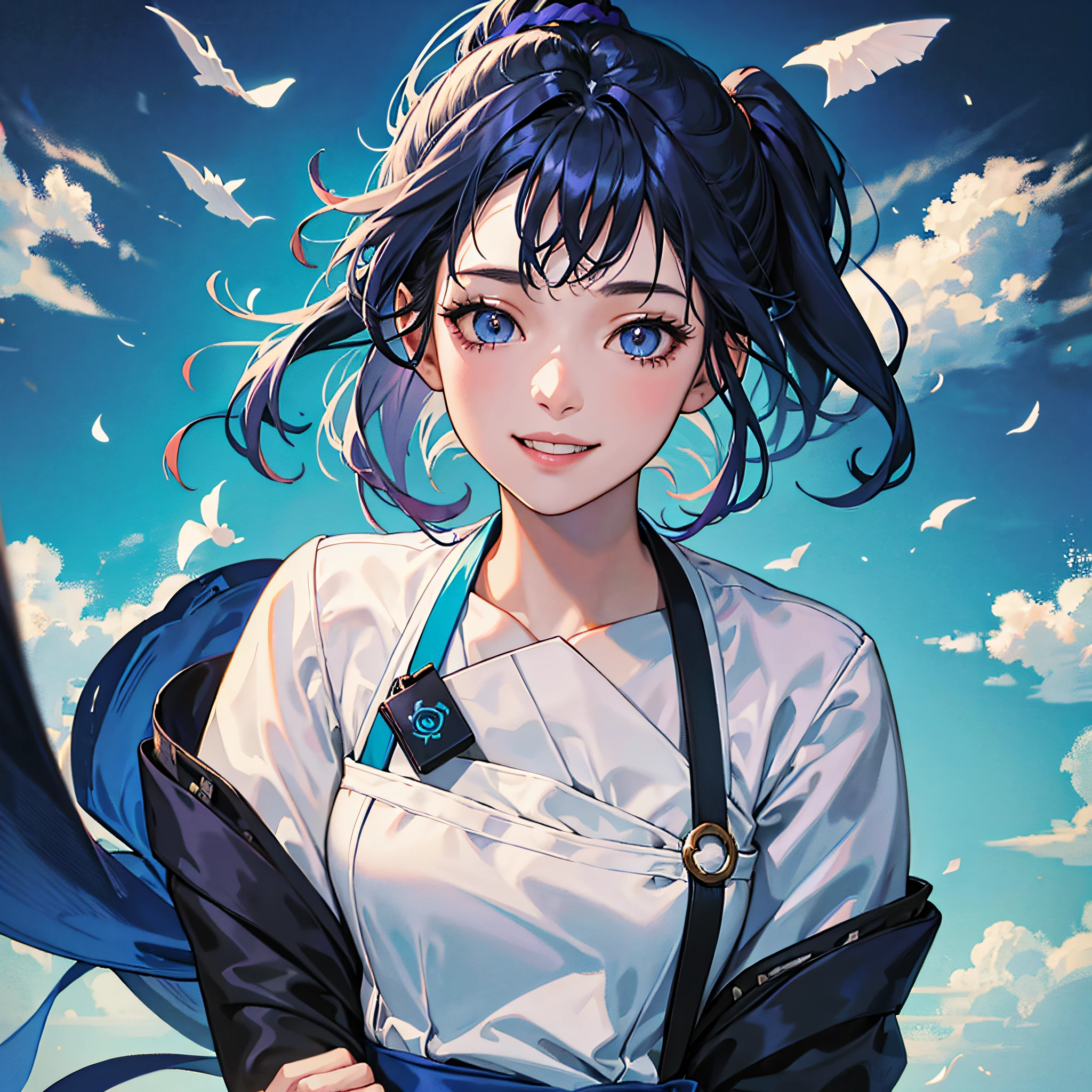 1 anime girl, pretty, inverted bob hair, dark blue hair, ponytail, smile, intricate detail, depth of field, cinematic lighting, backlighting, (masterpiece), (high details), award winning, high quality, best quality, 8k, crouching on a cube with a blue background, e-girl, cynthwave, japanese streetwear, fashwave, photo of breeze kaze, mid shot portrait, jpop clothing --auto