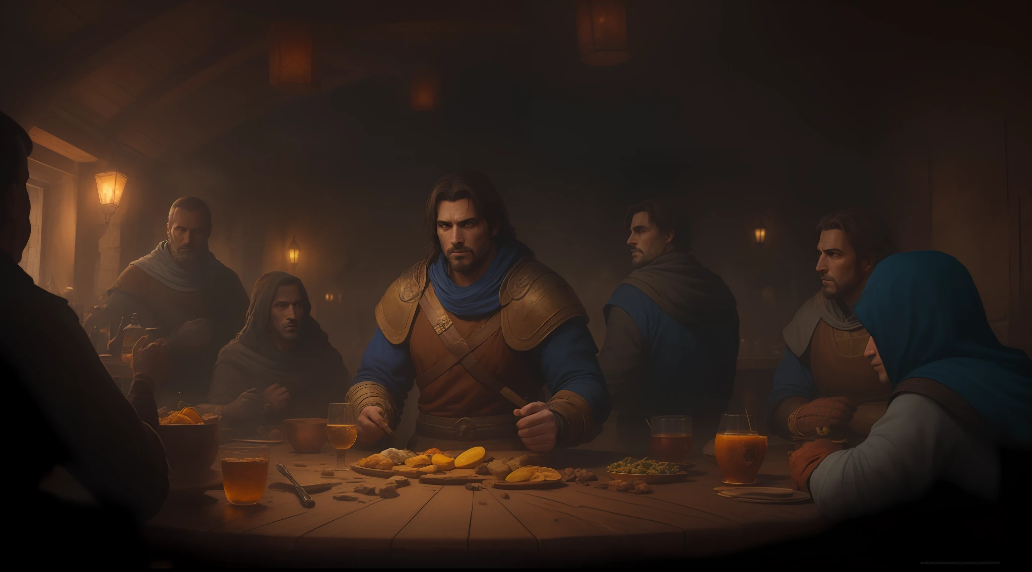 medieval tavern with several round tables, homens bebendo e rindo (melhor qualidade) (hiper detalhista) 10k, epic realistic, smooth cinematic image, adobe lightroom, photographic lab, altamente detalhado, desbotado, arte de greg rutkowski e artgerm ,cores neutras: 1,2), (hdr: 1,4) , (cores suaves:1.2), hiperdetalhado, (artstation:1.4), cinemactic, luzes quentes, dramatic light, (detalhes intrincados:1.1), fundo complexo, (rutkowski:0.66), (azul e laranja:0.4