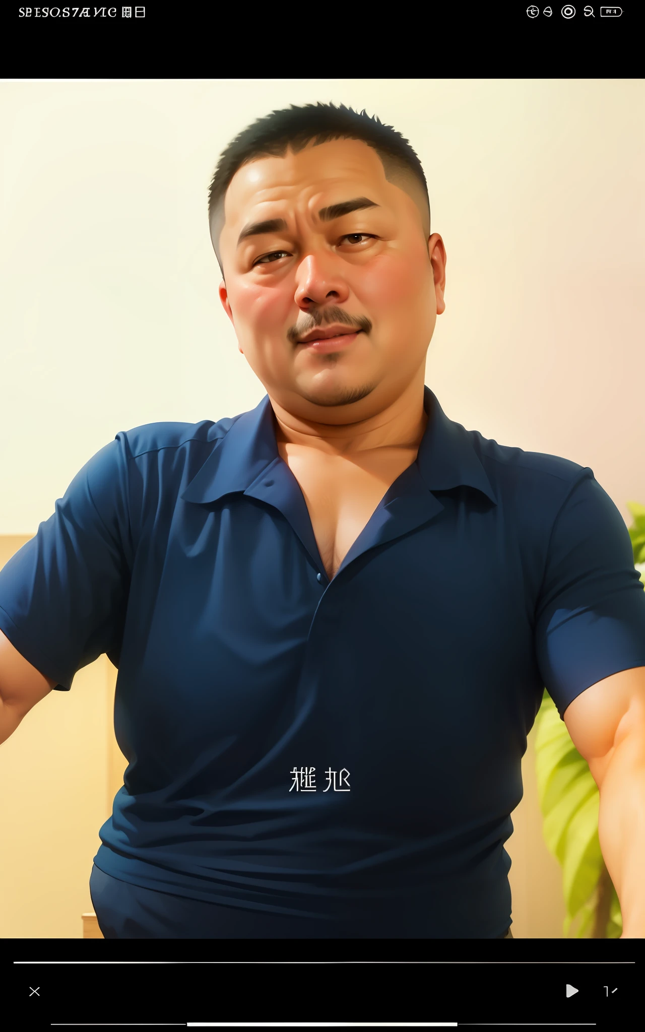 Fat uncle，mtu，with a round face，short detailed hair，ssmile，potbelly，Fat belly，blue short sleeves，skin is smooth and fair，Excellent，k hd