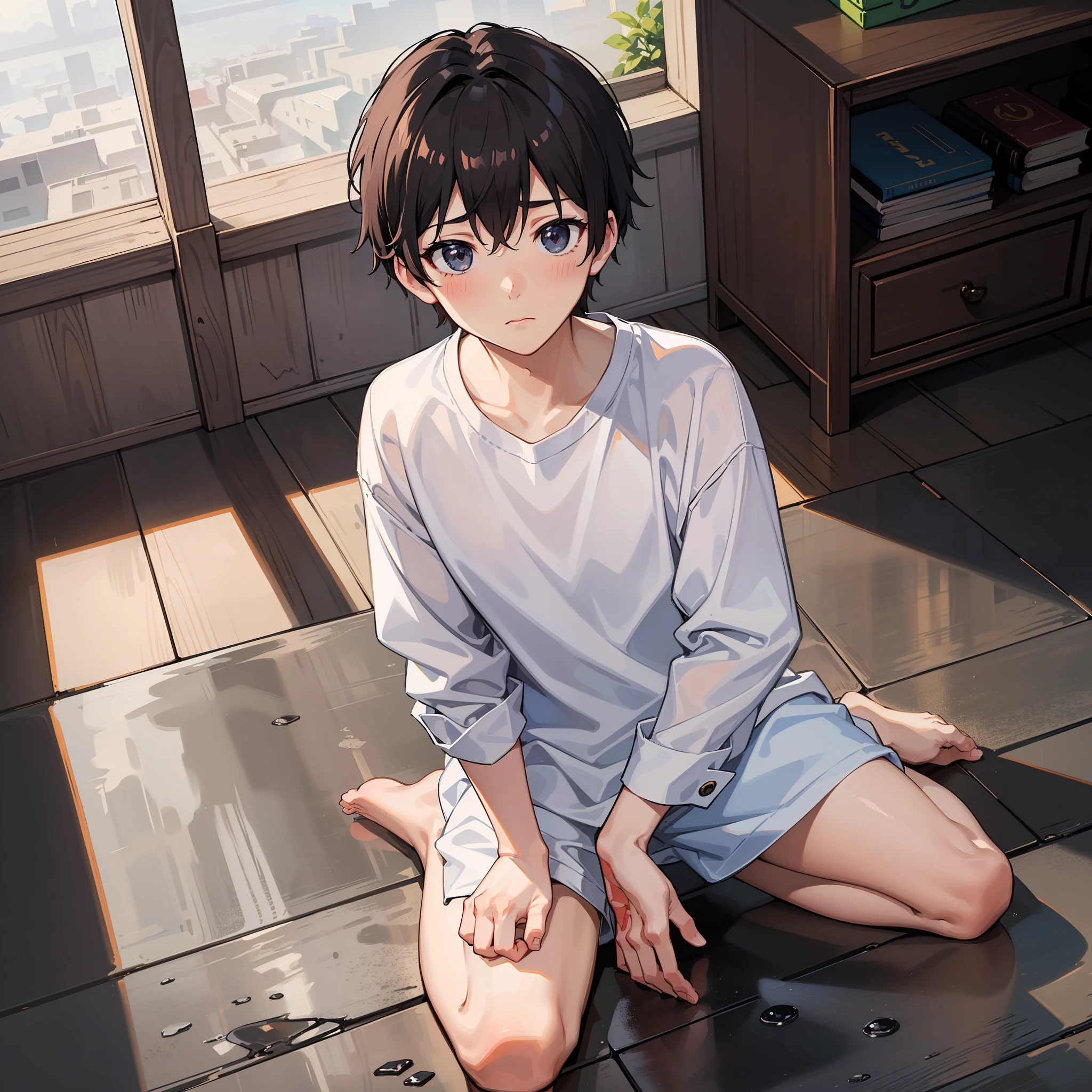 ((A boy)),adorable captivating,in a white shirt,He looked sad,Barefoot,sat on the ground。The blush gradually rises,Shy, But handsome。The picture style is fresh and simple,Rendered like a comic,The lens is shown as a vista,(Anime style+Soft cute),((Anatomically correct)),Accurate,(absurdres,highres,ultra detailed,HDR)