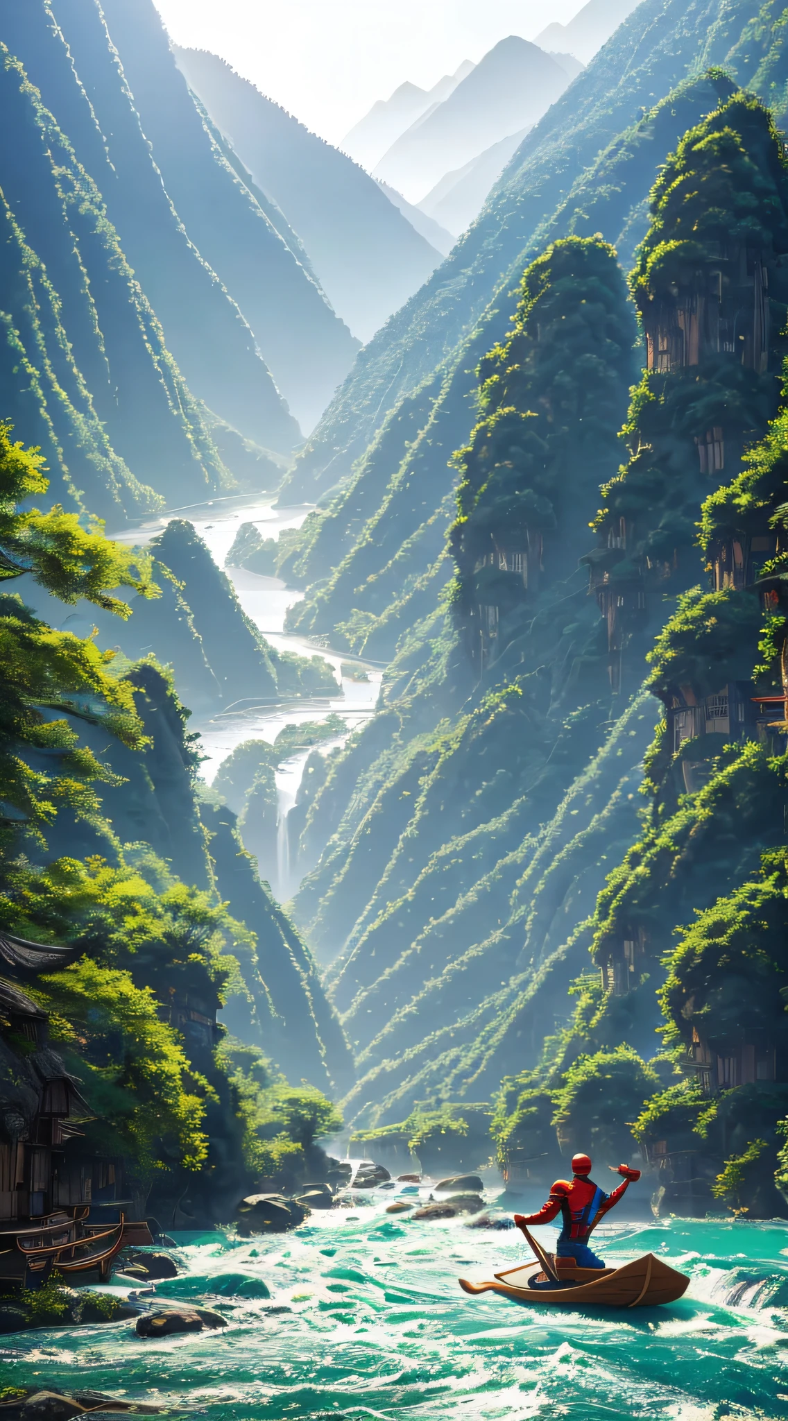 spring morning,a drawing of a Chinese landscape with mountains,Large rivers and mountains on both sides,photography of,natural soft light,high detal,Super mass,A high resolution,ultra-realistic realism,ultra-realistic realism,k hd,8K,16K,unreality,viewed from bird's-eye,Large format,aerial shot,A Spider-Man holds a bamboo raft on top of a large river