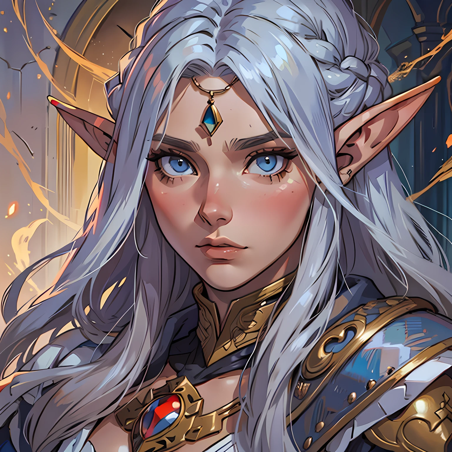 RPG de retrato, primer plano, Fantasyart, Raza: Elf genus: Femenino, EDAD: 60 years Eyes: Azules Color de piel: Fair skin with warm tones Physique: tez normal. Rasgos faciales: Piel con arrugas. expression: Mirada relajada. peinado: Cabello gris canoso Equipamiento: Ropa de mago Fondo: biblioteca