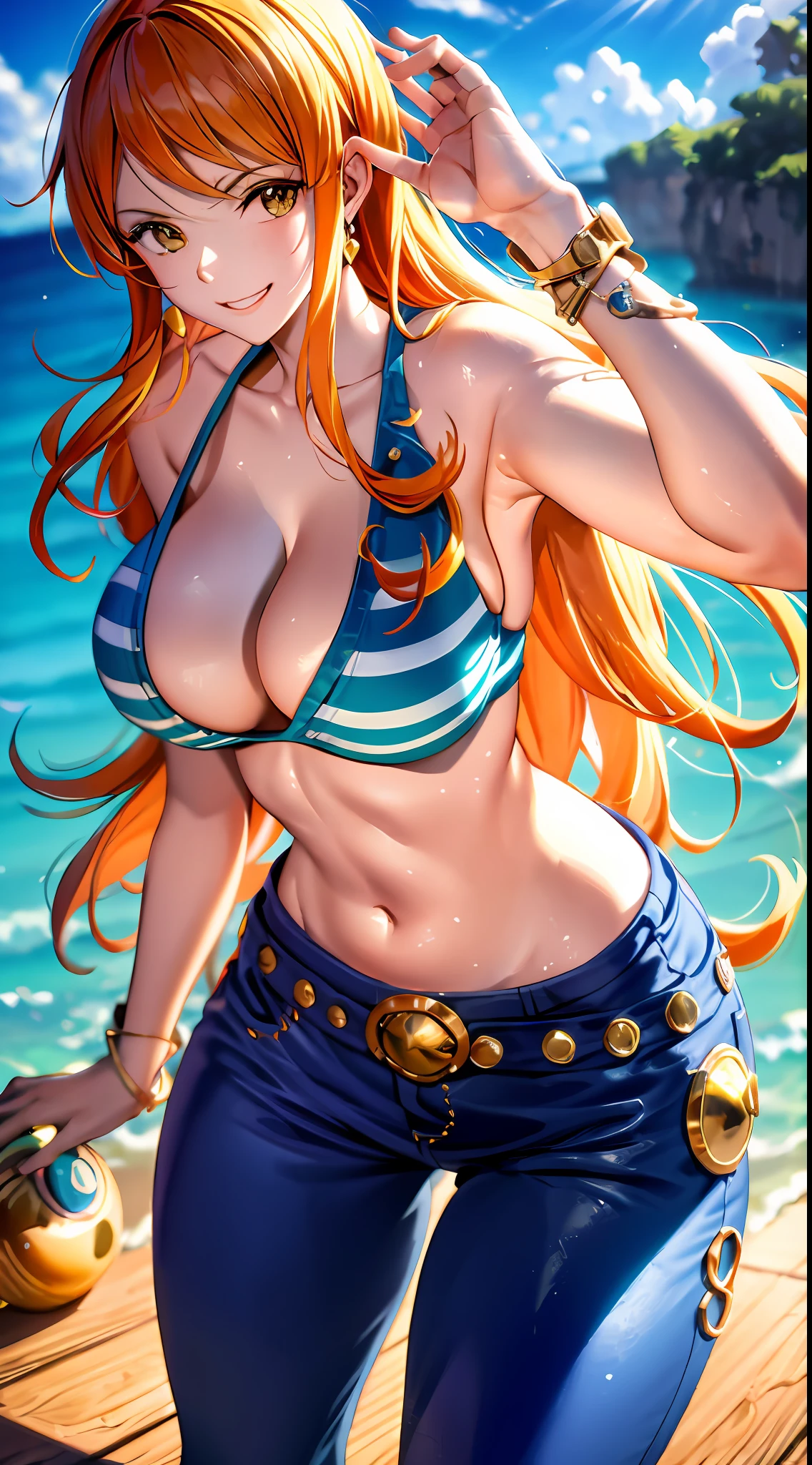 Nami de One Piece , corpo inteiro, soft-lighting, dinamic angle, lifelike lighting, (textura natural da pele, hiper-realismo, luz suave, clear: 1.2), (detalhes intrincados: 1.12), obra-prima hdr, melhor qualidade, (foto altamente detalhada: 1.1), 8k, fotorrealista, melhor qualidade, ultra-detalhado, Pele de alto detalhe, ultra-detalhado ((corpo inteiro incluindo pernas))