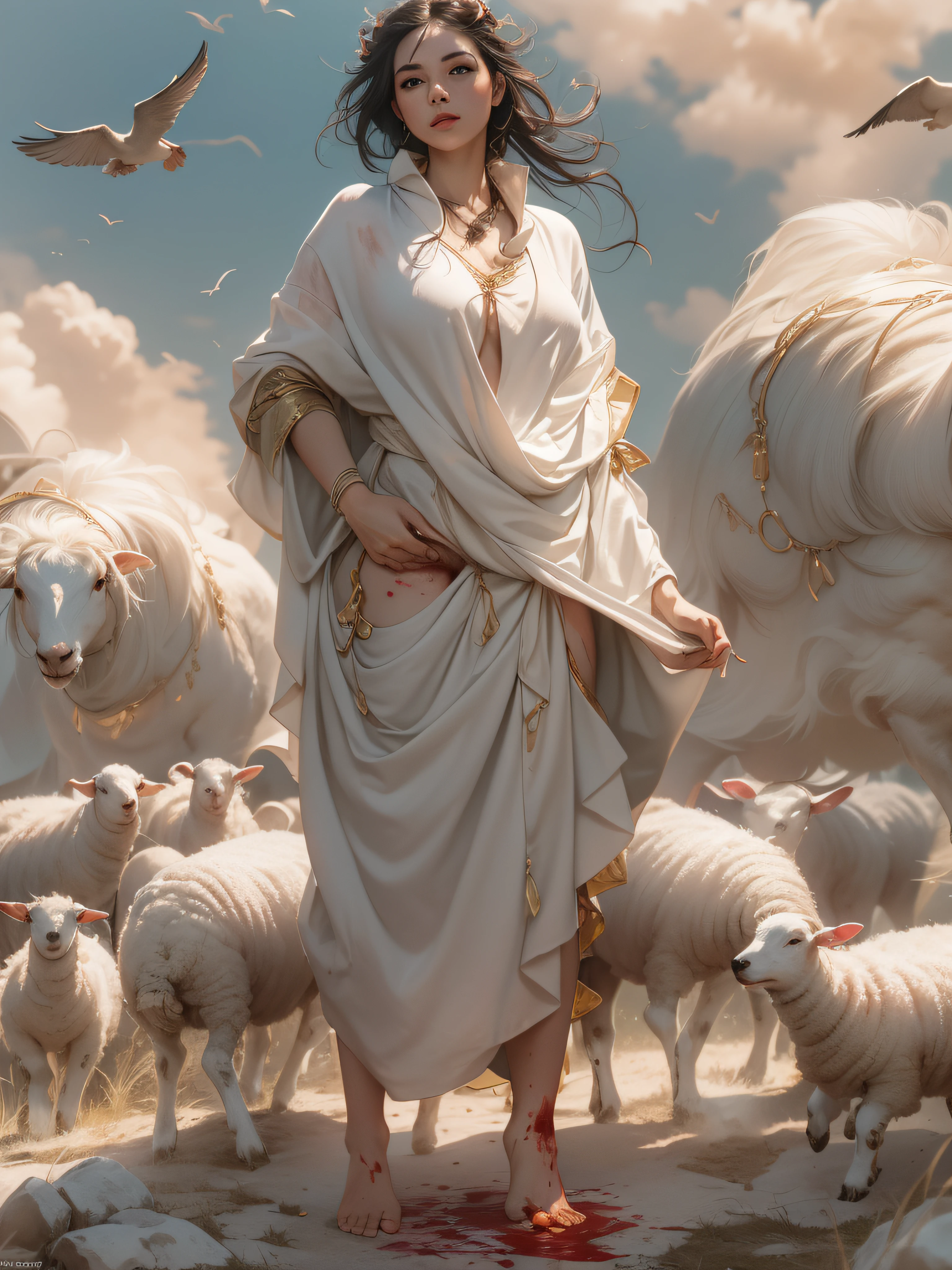 man and woman are talking in market, man, muslim man, man, shepherd holding a stick, wandering, sheep, sheep, sheep,sheep,sheep,sheep,sheep, many sheep and dogs and birds, blood, dirty clothes, shepherd holding a stick, wandering, sheep, sheep, sheep,sheep,sheep,sheep,sheep, many sheep and dogs and birds, blood, dirty clothes, ((best quality)), ((masterpiece)), ((realistic)), (detailed), reflective luminous white:1.5, texture glossy orange:1.3, sexy, lots of glow neon mushrooms, mandalas, cinematic, sharp, ray tracing, brightness, luminosity ((best quality)), ((masterpiece)), ((realistic)), (detailed), reflective luminous white:1.5, texture glossy orange:1.3, ((high jumper's body proportions)), ((obesity: 0.0)), (((no panties)), ((no panties))), ((No pants),(No socks)),(No skirt)))),((No shoes)))),((Dynamic posture)), (Full body), (Greek feet), (Correct anatomy)),((Correct dissection))),(((the robe flutters with the wind))), (((the world of clouds and mist))), (the clothes are painted with blood and dush)))), (almost naked))) slender body, ((Bust mostly exposed with full see-through))), Perfect slim body (nipple slip: 0.5) see-through, blood,