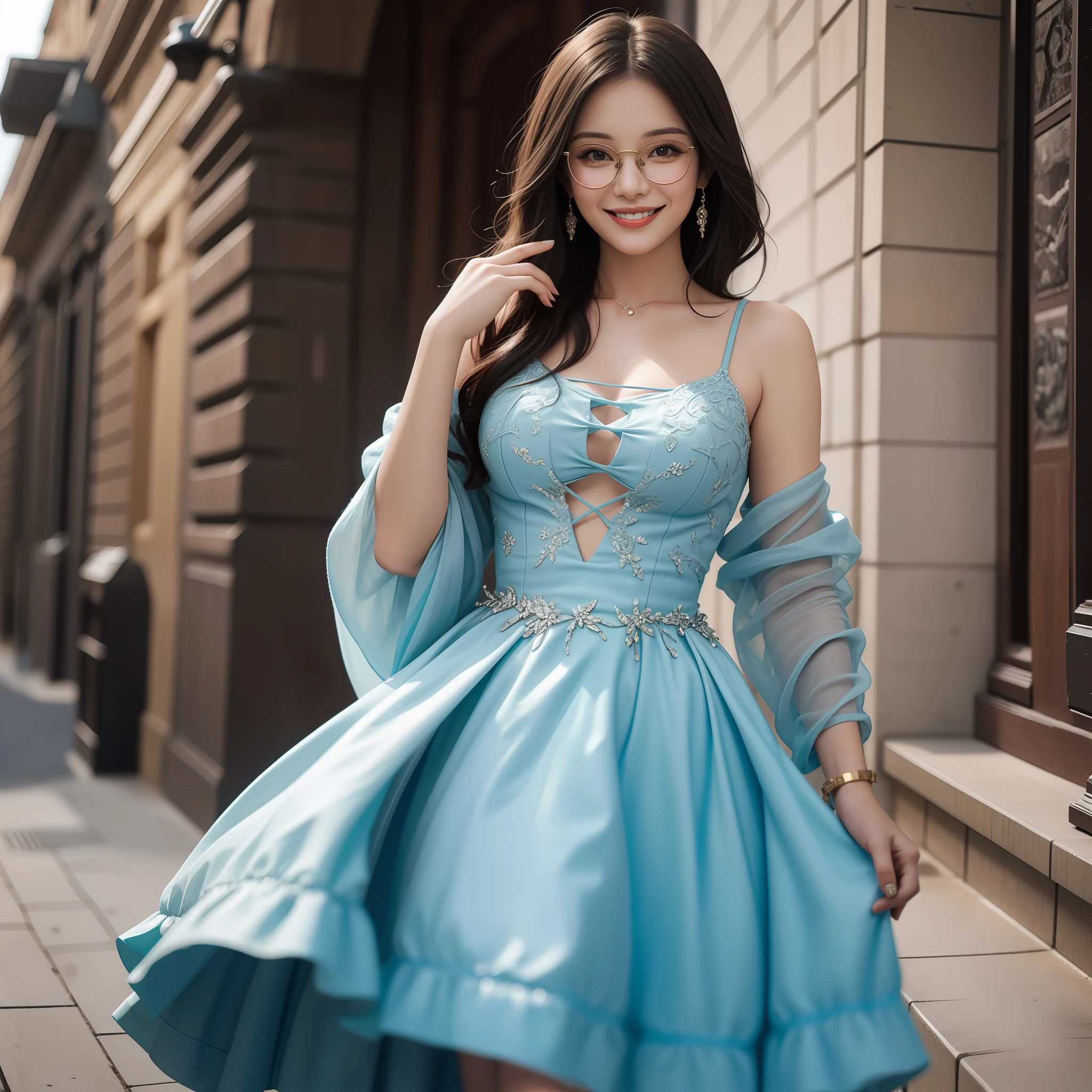 Beautiful woman smiling in blue dress with glasses