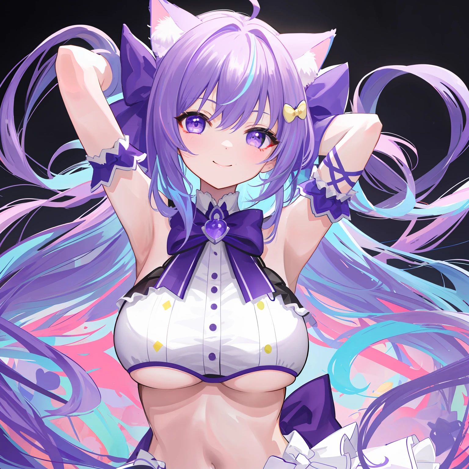 hightquality、​masterpiece、full bodyesbian、Looking at the camera、Arms on the side of the body、frontage、simple background、 Artistic portrait of a woman、a smile、virtual youtuber、pastels、multi colored、colourfull、length hair、large boob、cat ear、bow ribbon、Purple eyes