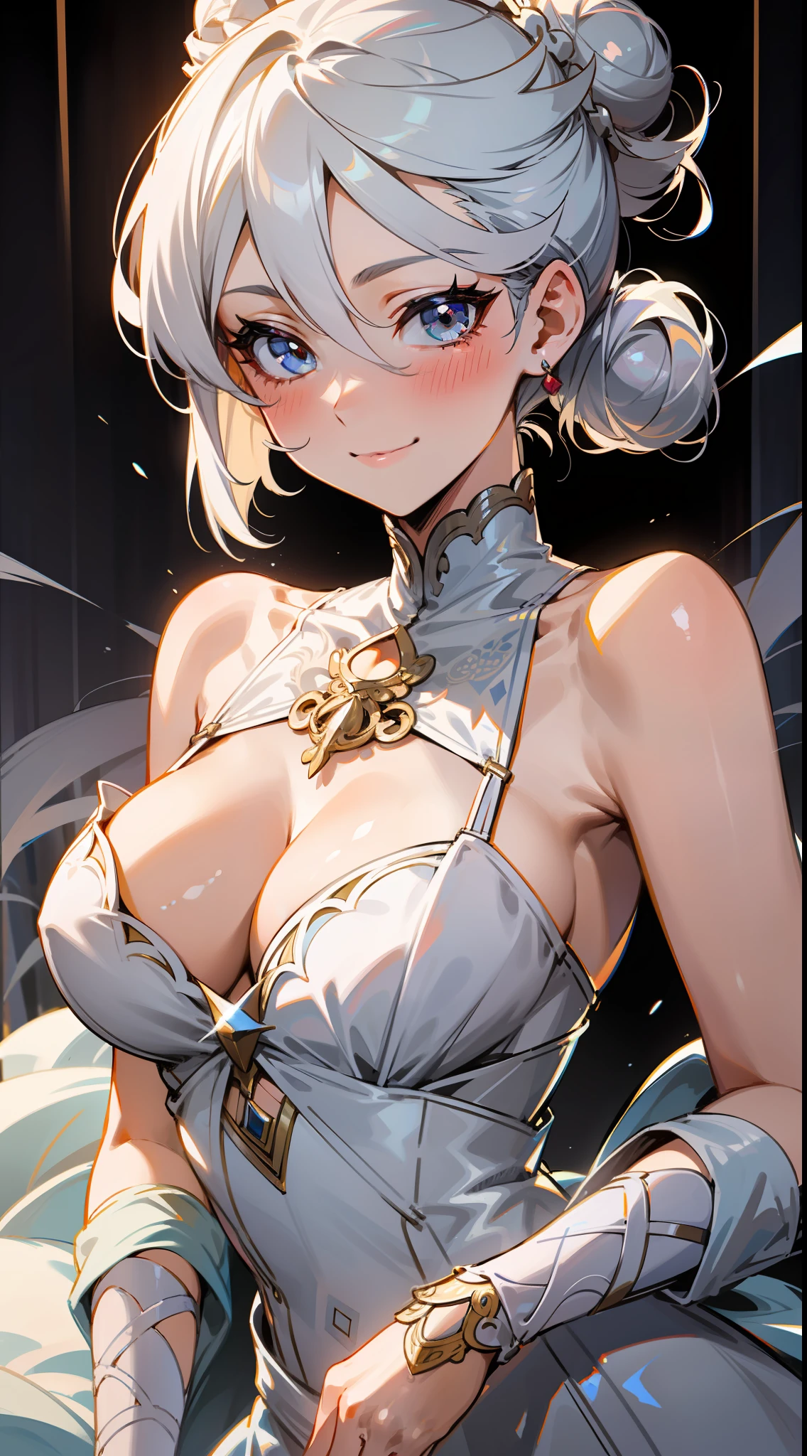 "Miorine with a silver hair bun, wearing an intricate white party dress with open shoulders. She has a moderate bust, with cleavage visible. She is looking at the viewer, slightly higher, blushing and giving a shy smile."