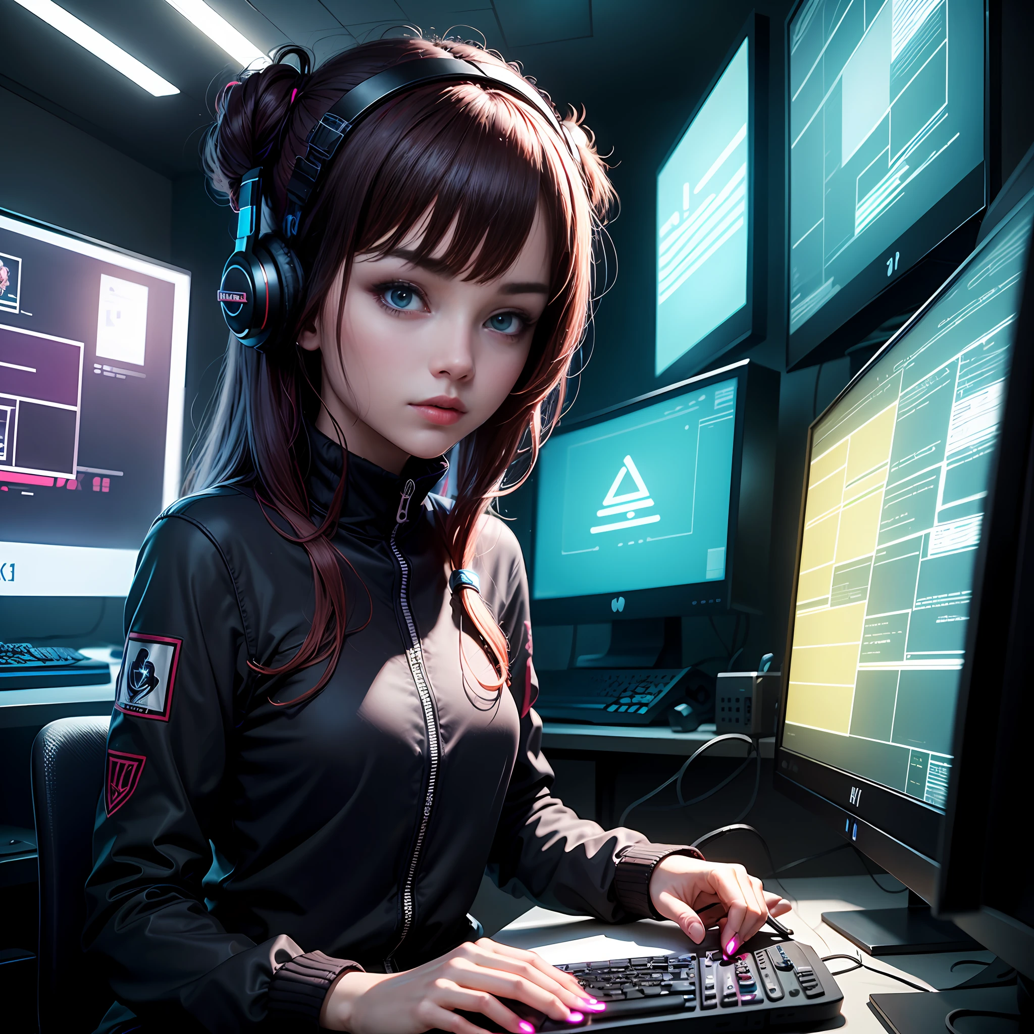 ((best quality)), ((masterpiece)), 1girl, gaming room, neon lights, led lighting, hacker, red room