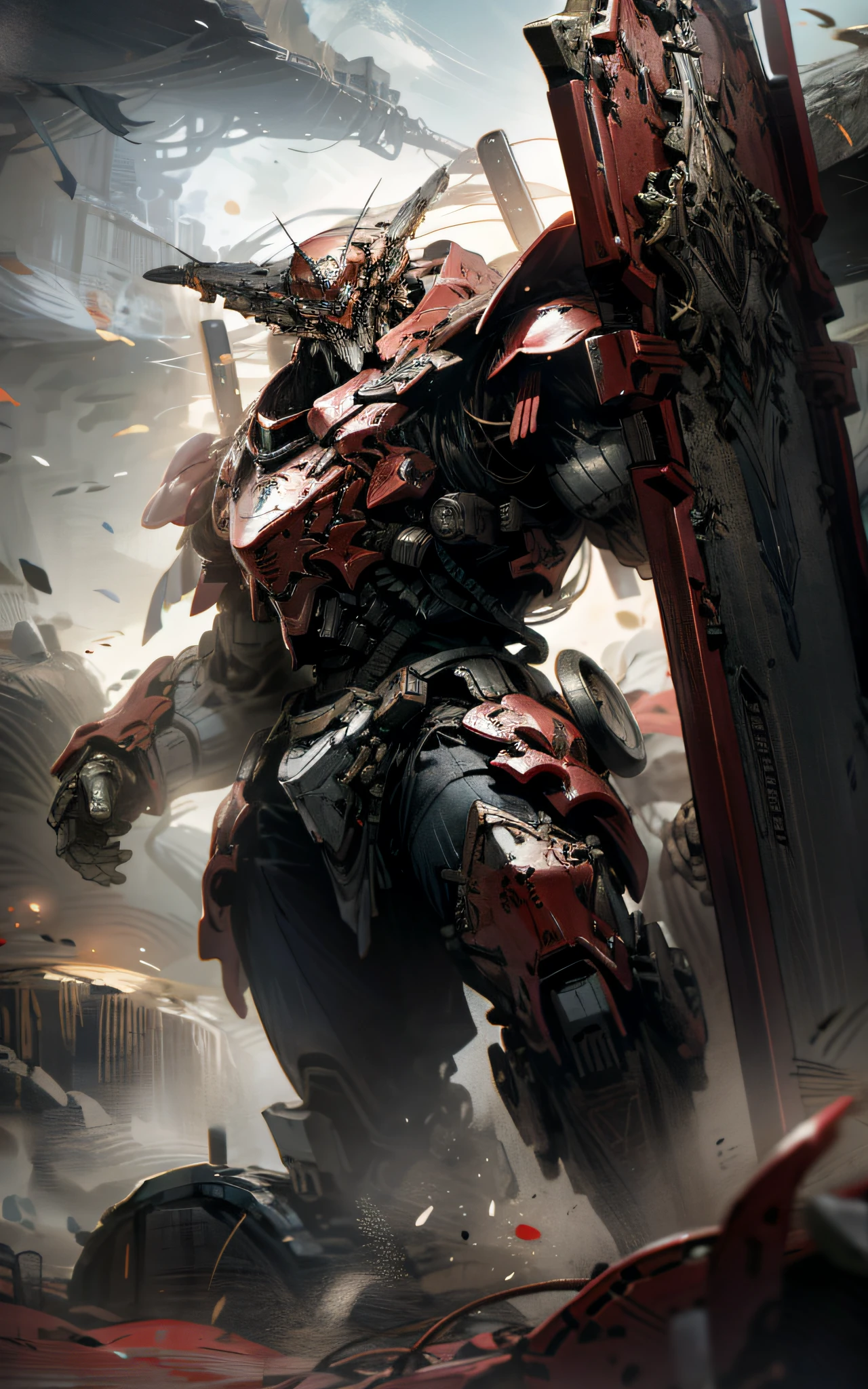 A giant robot wearing red armor, holding a massive shield at the mouth of a volcano, intricate details