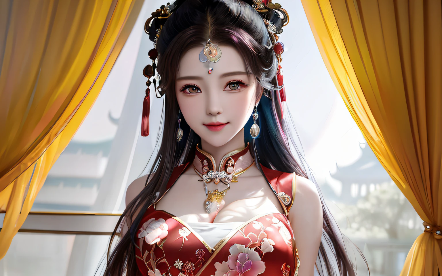 there is a woman in a red dress posing for a picture, Palace ， A girl in Hanfu, Guviz-style artwork, a beautiful fantasy empress, Guviz, China Princess, Beautiful character painting, Chinese girl, Beautiful digital artwork, author：Fan Qi, Princesa chinesa antiga, trending on cgstation, Chinese style, ((a beautiful fantasy empress))((Bust photo)),((2 arms)),(( 2 legs)),((cropped shoulders)),((Cleavage is seductive)),((big breasts enchanting)),((Beautiful detailed face))),((messy  hair)),((ssmile)),((Gradient color eyes)),((White cloud background)),((Chest reduction)),((shorter pants)),((high saturated)),((balloons)),((dynamic angle)),((城市)),((the night)),((exteriors)),((Highly Detailed Face and Skin Textur)),((二重まぶた)),((Whitens the skin)),((MagazineCover))，（closeup cleavage：1.1），（bauhause，shape，lineworks，abstracted：1.1）,（rainbow colour hair， colorfulhair， Half blue and half pink hair： 1.2），(Hefty Smile),dream-state,skyscrapper, (The Tree of Life), swirles, Magic Array，Soap Bubbles，Floating in the sky，brightly，cheerfulness，intriguing，gentlesoftlighting，Mean streak，