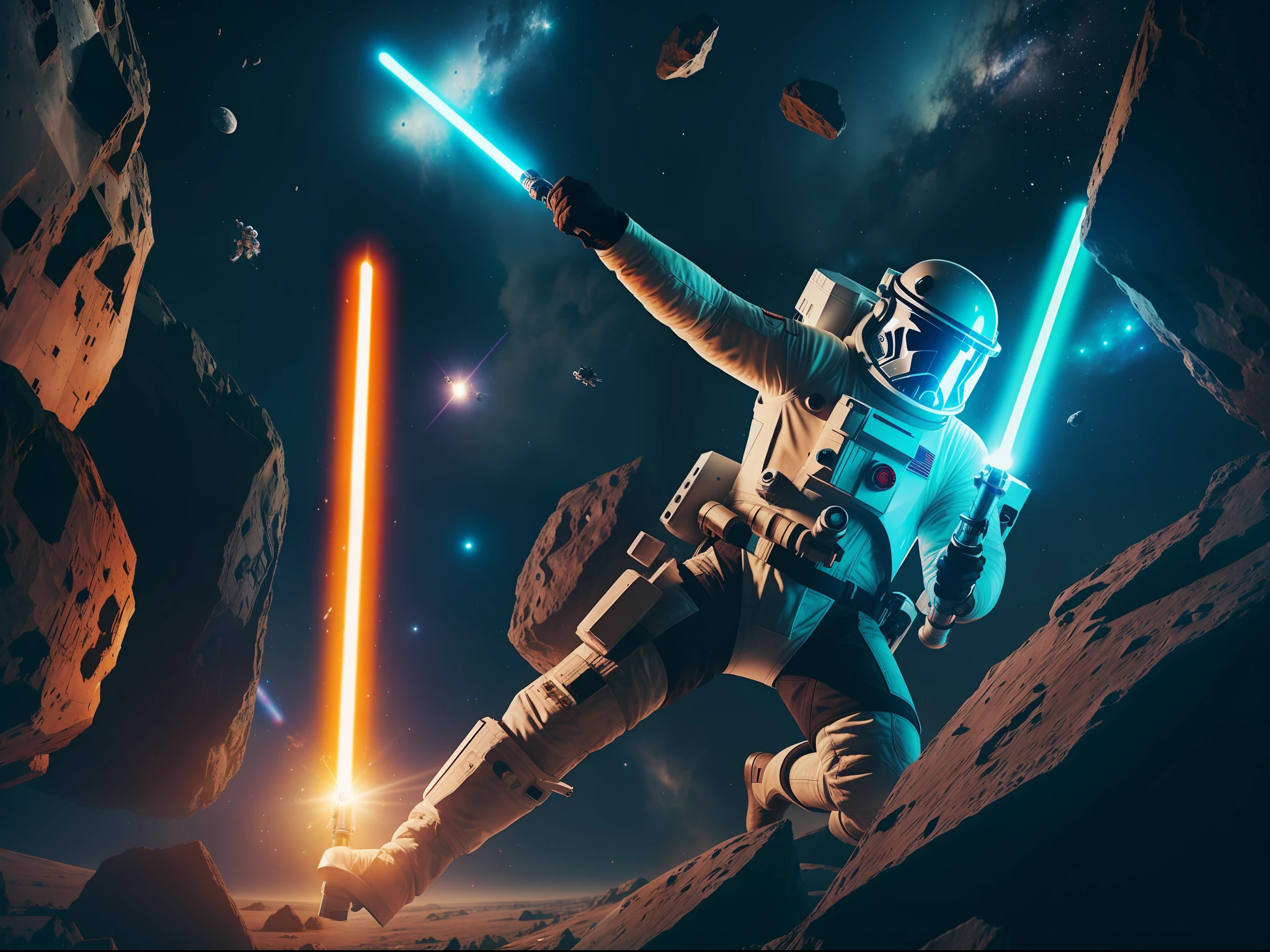 Astronaut with Lightsaber, climbing the asteroid at the sky there is spaceship , character render, ultra high quality model, ethereal background, abstract beauty, explosive volumetric, oil painting, heavy strokes, paint dripping HDR (High Dynamic Range) ,Ray Tracing, NVIDIA RTX, Super-Resolution, Unreal 5, Subsurface scattering, PBR Texturing