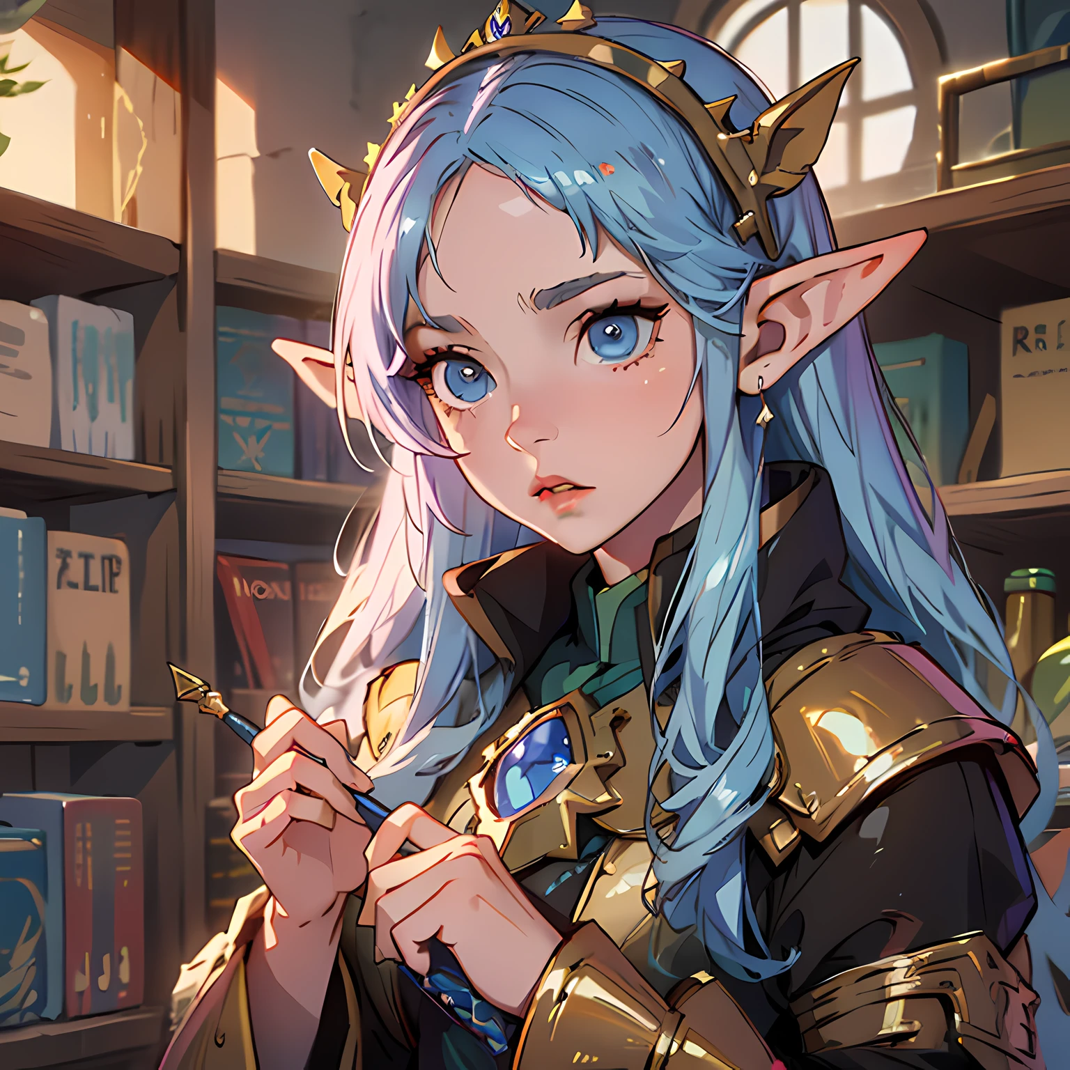 RPG de retrato, primer plano, Fantasyart, Raza: Elf genus: Femenino, EDAD: 60 years Eyes: Azules Color de piel: Fair skin with warm tones Physique: tez normal. Rasgos faciales: Piel con arrugas. expression: Mirada relajada. peinado: Cabello gris canoso Equipamiento: Ropa de mago Fondo: biblioteca