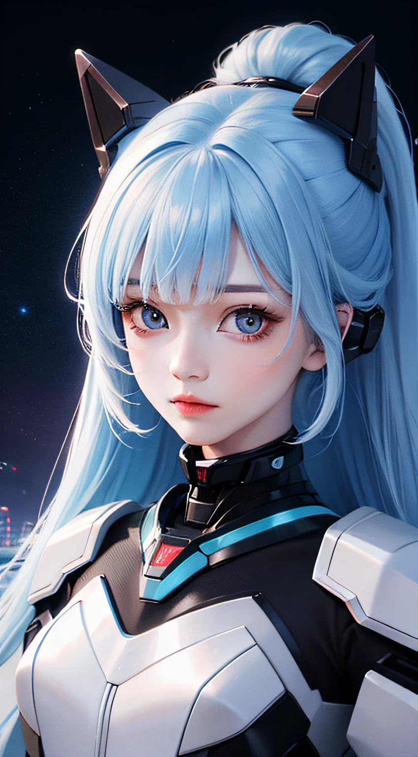 starrysky，themoon，female mecha，Raised sexy，Stand up，sense of science and technology，cyber punk perssonage，The face shape is a little cute，The eyes are a little bigger，There are heterochromatic beautiful pupils，horse tailed