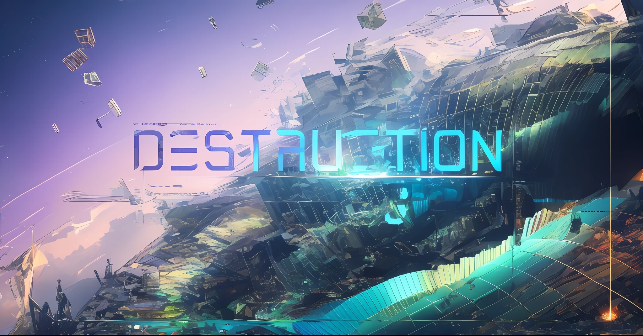 Close-up of futuristic design with futuristic background, disrupt, 4K destruction, destructive forces, Robot destruction, city destruction, colorful dystopian futurism, megastructure background, Dystopian digital art, distortion, megastructure background), Destroyed, disrupt, Destruction around her, disrupt, Official artwork, background megastructure, Mass destruction, destroying a cityscape, C 4 D "Blue-violet combination,sci-fy
