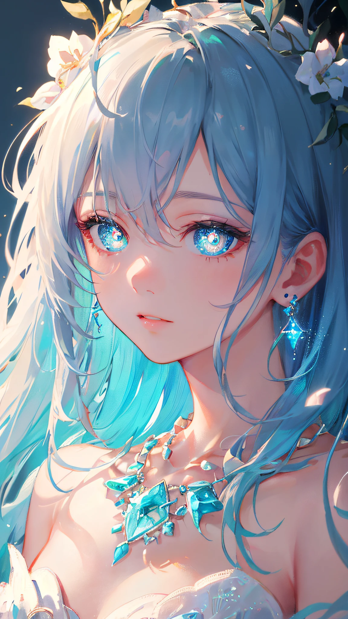 masterpiece, best quality, illustration, sax blue, platinum earrings, platinum necklace, white dress, 1girl, cute, (dynamic lighting:1.2), cinematic lighting, delicate facial features, detailed eyes, sharp pupils, realistic pupils, depth of field, bokeh, sharp focus, (hyper-detailed, bloom, glow:1.4), many small gems