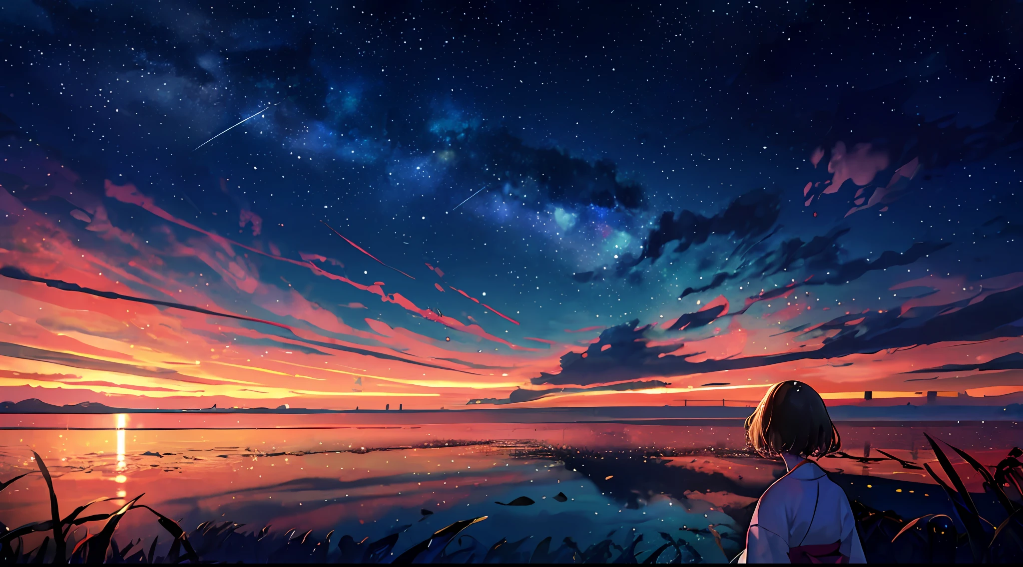 1girl，A girl from afar gazing at the stars in a kimono，（zoomout：1.1），（meteor shower：1.2），（comets：1.1），Your name，low angles，From behind，aurora borealis，Technology elements，meteors，bathrobe，Chinese Hanfu，SakuraNS，standing in a field，Best quality at best，tmasterpiece，​​clouds，Colorful，Starry，As estrelas，HD8K，Realism。