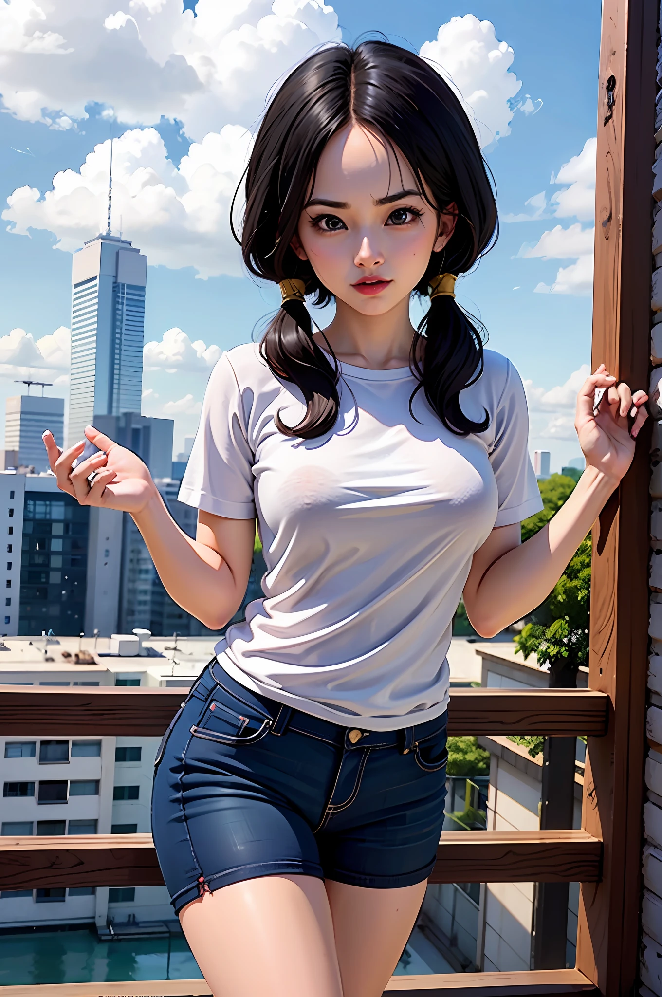 A girl, Videl from dragon ball Z, em shorts pretos curtos e camisa branca, apertada, posando para uma foto, anime na vida real,bonita, linda mulher coreana jovem, Anime Garota Cosplay, terno liso branco apertado roupas terno, vestindo camisa apertada, camisa apertada, usando roupas simples e apertadas, degree of transparency, anime realista, anime hiper realista, menina atraente, Mulher coreana, sexy N-SFW, hot girl