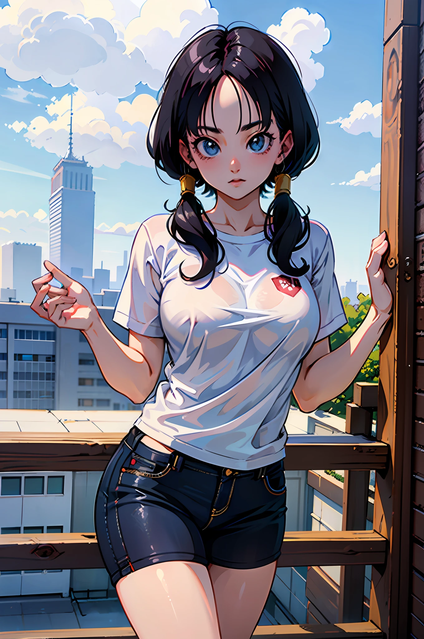 A girl, Videl from dragon ball Z, em shorts pretos curtos e camisa branca, apertada, posando para uma foto, Menina anime na vida real,bonita, linda mulher coreana jovem, Anime Garota Cosplay, terno liso branco apertado roupas terno, vestindo camisa apertada, camisa apertada, usando roupas simples e apertadas, degree of transparency, anime realista, anime hiper realista, menina anime atraente, Mulher coreana, sexy N-SFW, girl Delicious