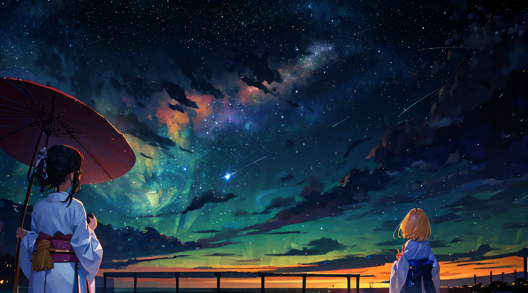 1girl，A girl from afar gazing at the stars in a kimono，（zoomout：1.1），（meteor shower：1.2），（comets：1.*****ur name，low angles，From behind，aurora borealis，Technology elements，meteors，bathrobe，Chinese Hanfu，SakuraNS，standing in a field，Best quality at best，tmasterpiece，​​clouds，Colorful，Starry，As estrelas，HD8K，Realism。