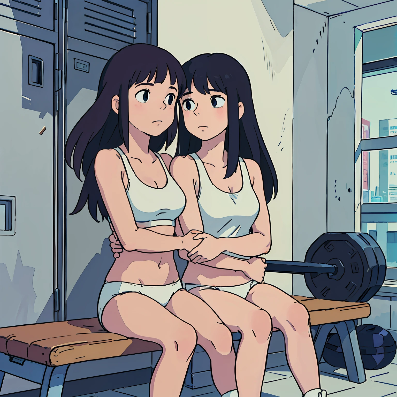 (masterpiece:1.2, best quality), (highly detailed:1.3), ghibli style, gym locker room, 2girls, 13yo, young teen, long hair, long legs, (white panties), white bra, sitting on bench, hugging, kissing, sneakers, bright, warm