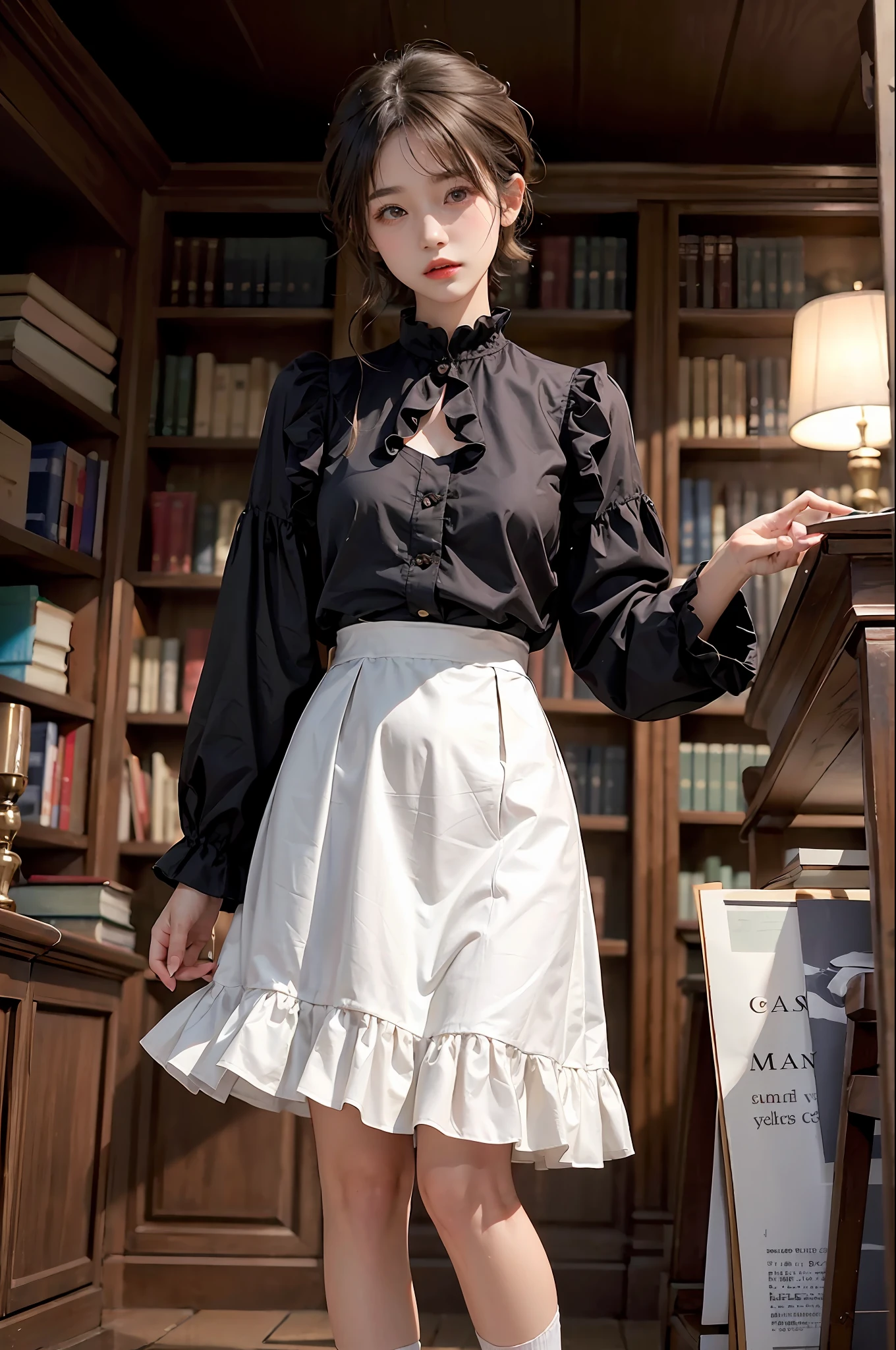 30-year-old woman with、(hi-top fade:1.3)、length hair、Dark theme、Soothing tones、Subdued Color、highly contrast、(natural skin textures、Hyper-Realism、Soft light、sharp)、Capture the serene beauty of a young woman immersed in the peaceful atmosphere of the library。Soft diffused lighting gently illuminates her features、Emphasis on her delicate expression、Creates a quiet atmosphere。Library shelves full of books、Provides a background of knowledge and wisdom。Focus on capturing the natural charm and elegance of models、Maintains the essence of calm and reflective moments。Lovely 21-year-old Japan gravure model with soft, wavy gray-brown hair adorned with ribbons、You will be captivated with a seductive look。(White blouse with ruffles、Blue skirt with ruffles、I'm wearing white ankle socks with ruffles。Standing in front of a bookshelf、Exudes a melancholic charm)、Create a scene where beauty and ephemerality intertwine。