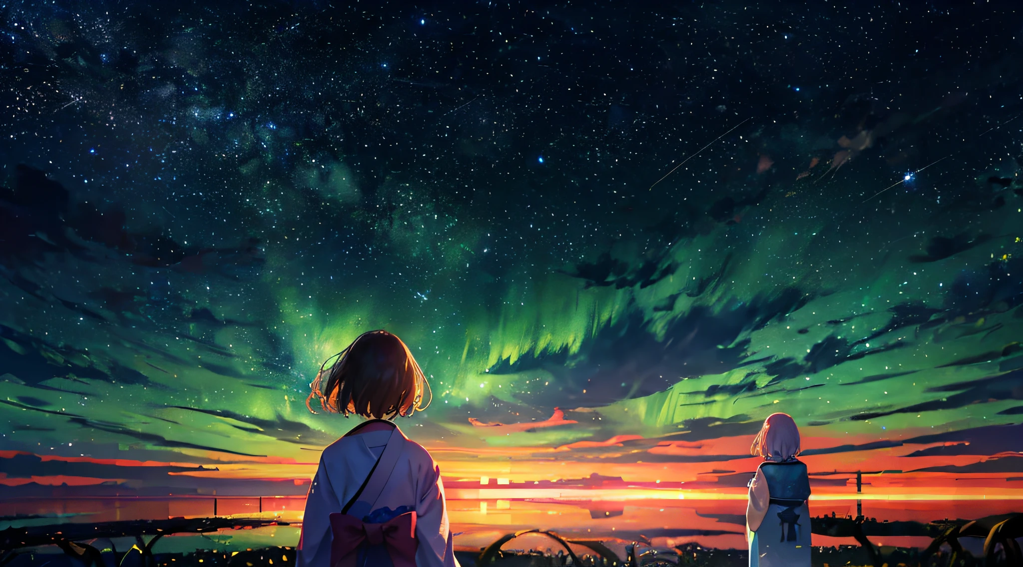 1girl，A girl from afar gazing at the stars in a kimono，（zoomout：1.1），（meteor shower：1.2），（comets：1.*****ur name，low angles，From behind，aurora borealis，Technology elements，meteors，bathrobe，Chinese Hanfu，SakuraNS，standing in a field，Best quality at best，tmasterpiece，​​clouds，Colorful，Starry，As estrelas，HD8K，Realism。