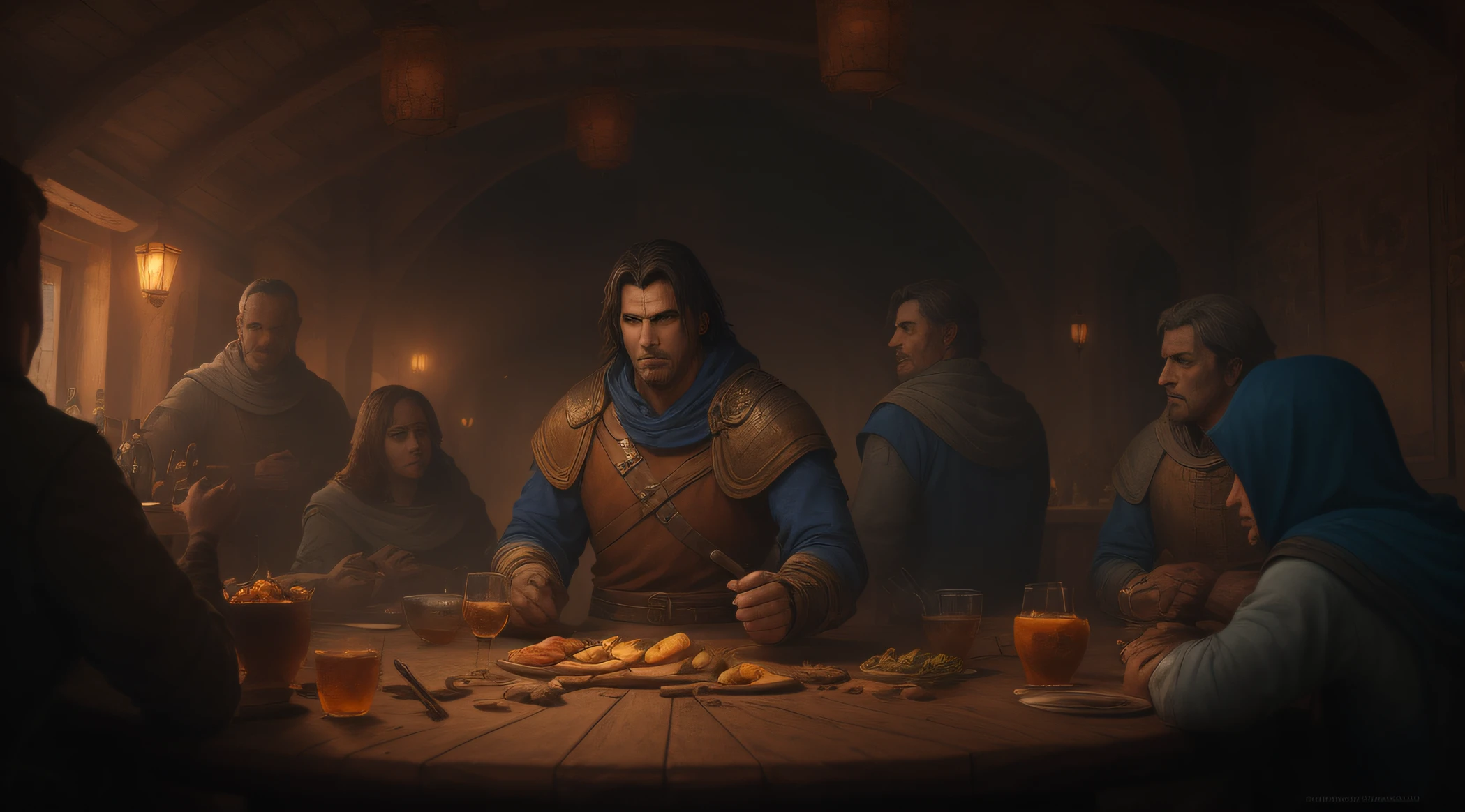 medieval tavern with several round tables, homens bebendo e rindo (melhor qualidade) (hiper detalhista) 10k, epic realistic, smooth cinematic image, adobe lightroom, photographic lab, altamente detalhado, desbotado, arte de greg rutkowski e artgerm ,cores neutras: 1,2), (hdr: 1,4) , (cores suaves:1.2), hiperdetalhado, (artstation:1.4), cinemactic, luzes quentes, dramatic light, (detalhes intrincados:1.1), fundo complexo, (rutkowski:0.66), (azul e laranja:0.4