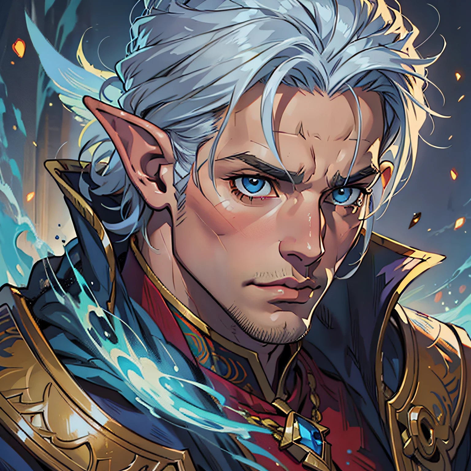 RPG de retrato, primer plano, Fantasyart, Raza: Elf genus: Masculino Edad: 20 years Eyes: Azules Color de piel: Fair skin with warm tones Physique: tez normal. Rasgos faciales: Piel con arrugas. expression: Mirada ralajada. peinado: Cabello celeste Equipamiento: Ropa de mago Fondo: biblioteca