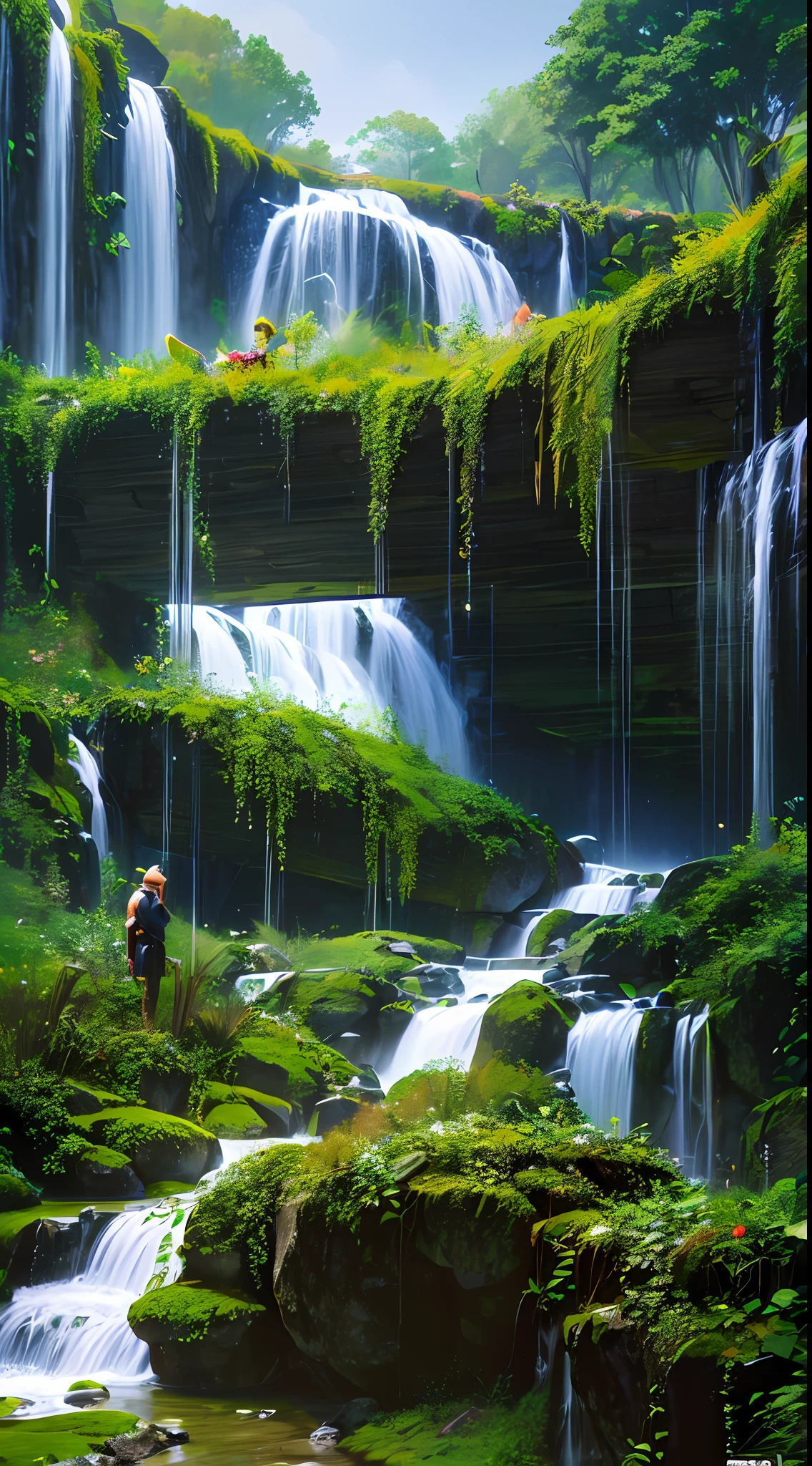 tmasterpiece，Best quality at best，Dense jungle，Rough and damp trees，Huge thick vine，weeds，florals，（Spring water），（Spring pool），((Beautiful adventurer，closeup cleavage)),jungles,oases,giant and wet trees，（（（adventurer clothing））），super-fine，Works of masters，high qulity，8K分辨率，depth of fields，电影灯光，Epic shooting