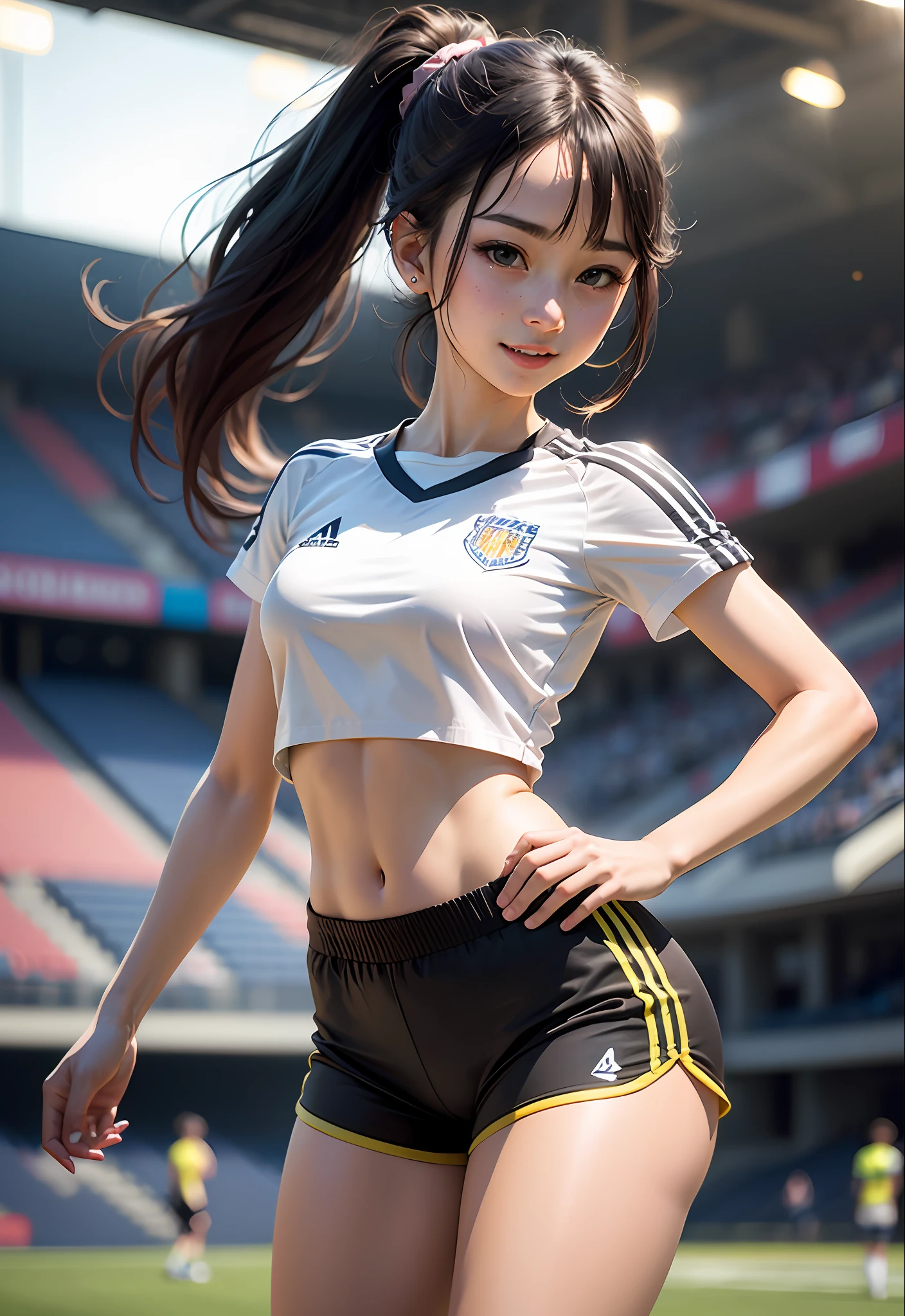Small breasts、a 18 year old girl、poneyTail、top-quality、​masterpiece、超A high resolution、(Photorealsitic:1.4)、ighly detailed、Professional lighting smile、Playing Soccer、stadio、Tight sticky crop top and shorts、kawaii、perspiring、active、sano --auto