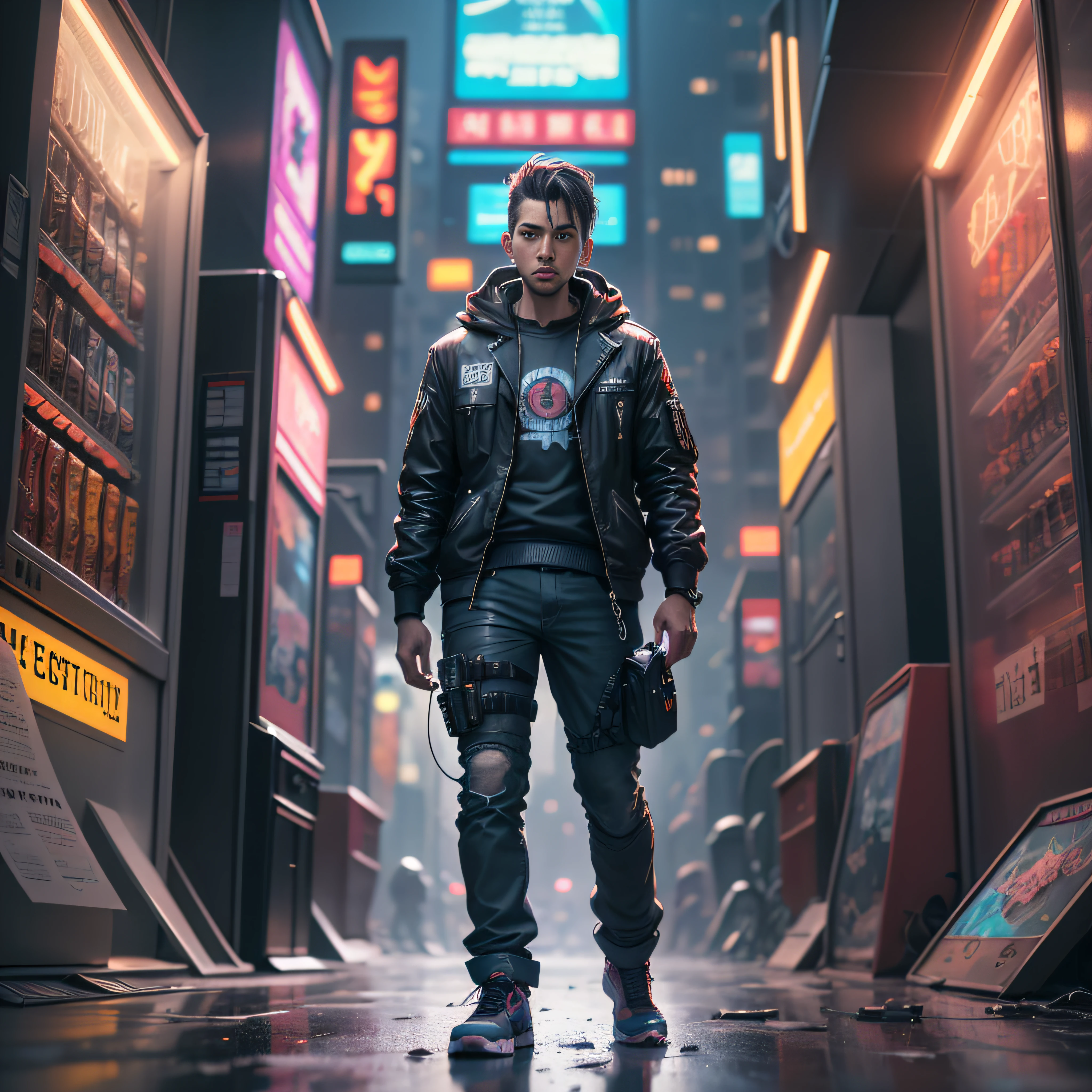 (La mejor calidad:1.2), A person standing in front of a vending machine, arte cyberpunk por Yuumei, Tendencias en Pixiv, fantastical realism, Guweiz y Makoto Shinkai, Tokio , Obras de arte al estilo de Guweiz, Obras de arte ciudad futurista cyberpunk por la noche, , Estilo cyberpunk hiperrealista,hiperrealista, City, cyberpunk setting, cyberpunk dreamscape, Ultra-realistic Cyberpunk Art 8K Drawing of a Full Body Man Animation , animation still, Al estilo de Tony Start, Dibujo suaveportada de revista,ambiente futurista, electrical energy, superficies reflectantes, (paisaje urbano: 1,3 ), 8k, fondo de pantalla oficial, (cyberpunk:1.2), futuro --auto