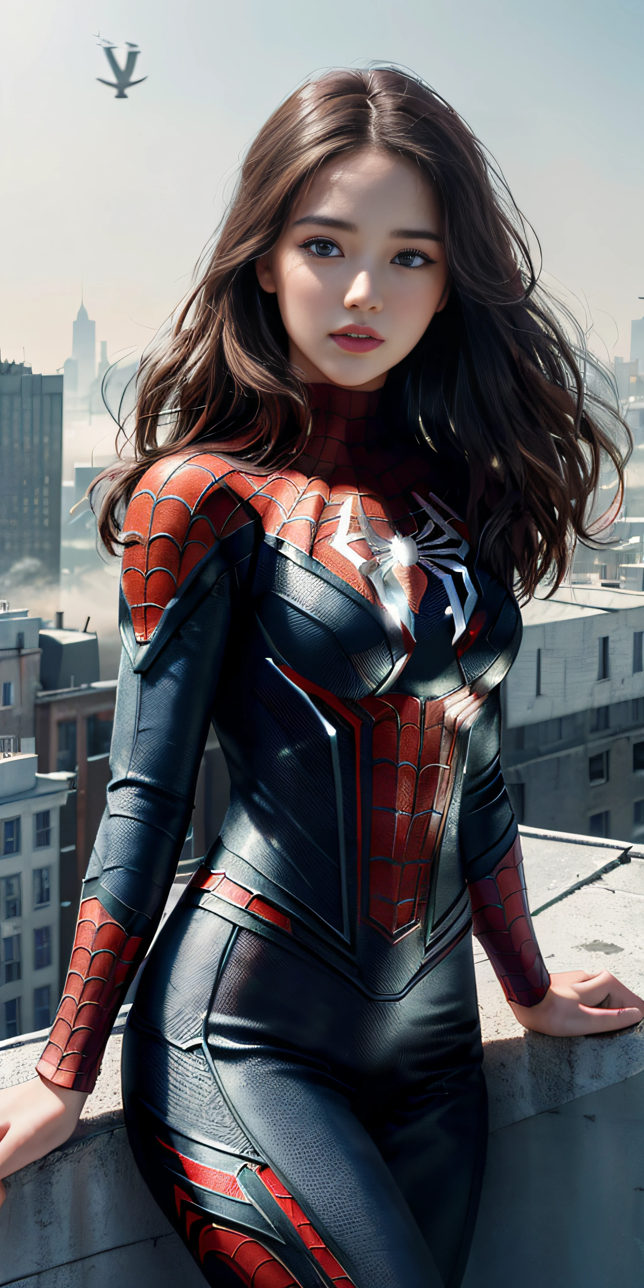 (1girl:1.3), Solo, (((Very detailed face)))), ((Very detailed eyes and face)))), Beautiful detail eyes, Body parts__, Official art, Unified 8k wallpaper, Super detailed, beautiful and beautiful, beautiful, masterpiece, best quality, original, masterpiece, super fine photo, best quality, super high resolution, realistic realism, sunlight, full body portrait, amazing beauty, dynamic pose, delicate face, vibrant eyes, (from the front), She wears Spider-Man suit, red and black color scheme, spider, very detailed city roof background, rooftop, overlooking the city, detailed face, detailed complex busy background, messy, gorgeous, milky white, highly detailed skin, realistic skin details, visible pores, clear focus, volumetric fog, 8k uhd, DSLR, high quality, film grain, fair skin, photo realism, lomography, futuristic dystopian megalopolis, translucent