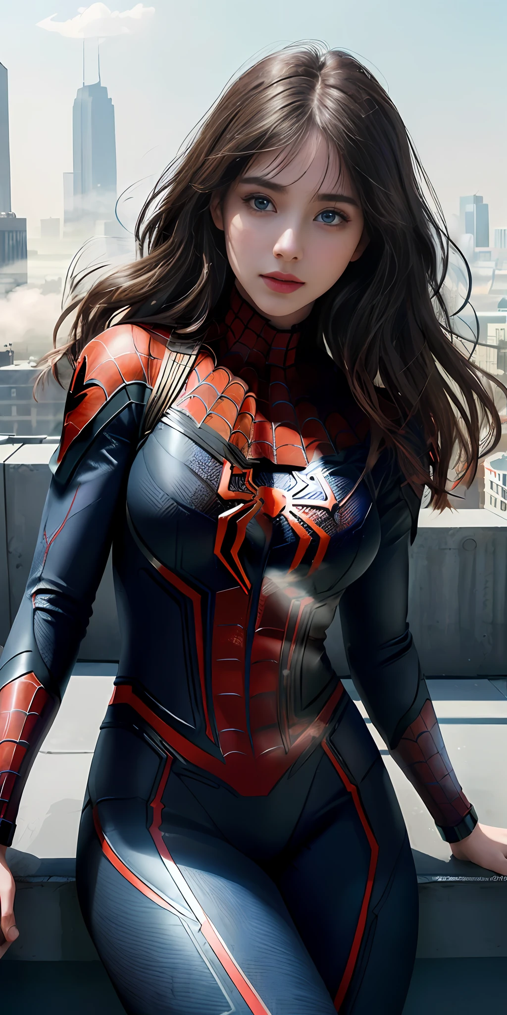 (1girl:1.3), Solo, (((Very detailed face)))), ((Very detailed eyes and face)))), Beautiful detail eyes, Body parts__, Official art, Unified 8k wallpaper, Super detailed, beautiful and beautiful, beautiful, masterpiece, best quality, original, masterpiece, super fine photo, best quality, super high resolution, realistic realism, sunlight, full body portrait, amazing beauty, dynamic pose, delicate face, vibrant eyes, (from the front), She wears Spider-Man suit, red and black color scheme, spider, very detailed city roof background, rooftop, overlooking the city, detailed face, detailed complex busy background, messy, gorgeous, milky white, highly detailed skin, realistic skin details, visible pores, clear focus, volumetric fog, 8k uhd, DSLR, high quality, film grain, fair skin, photo realism, lomography, futuristic dystopian megalopolis, translucent
