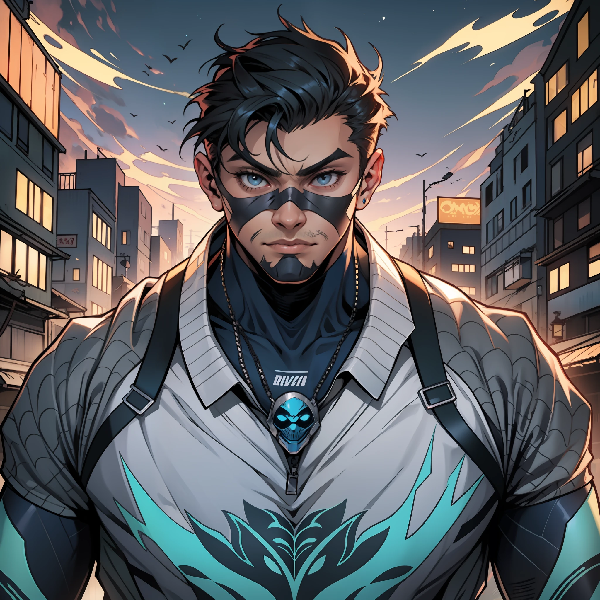 homem de 18 anos vestindo fantasia rasgada de homem aranha, no mask on the face, com uma cidade futuristica de fundo --auto --s2