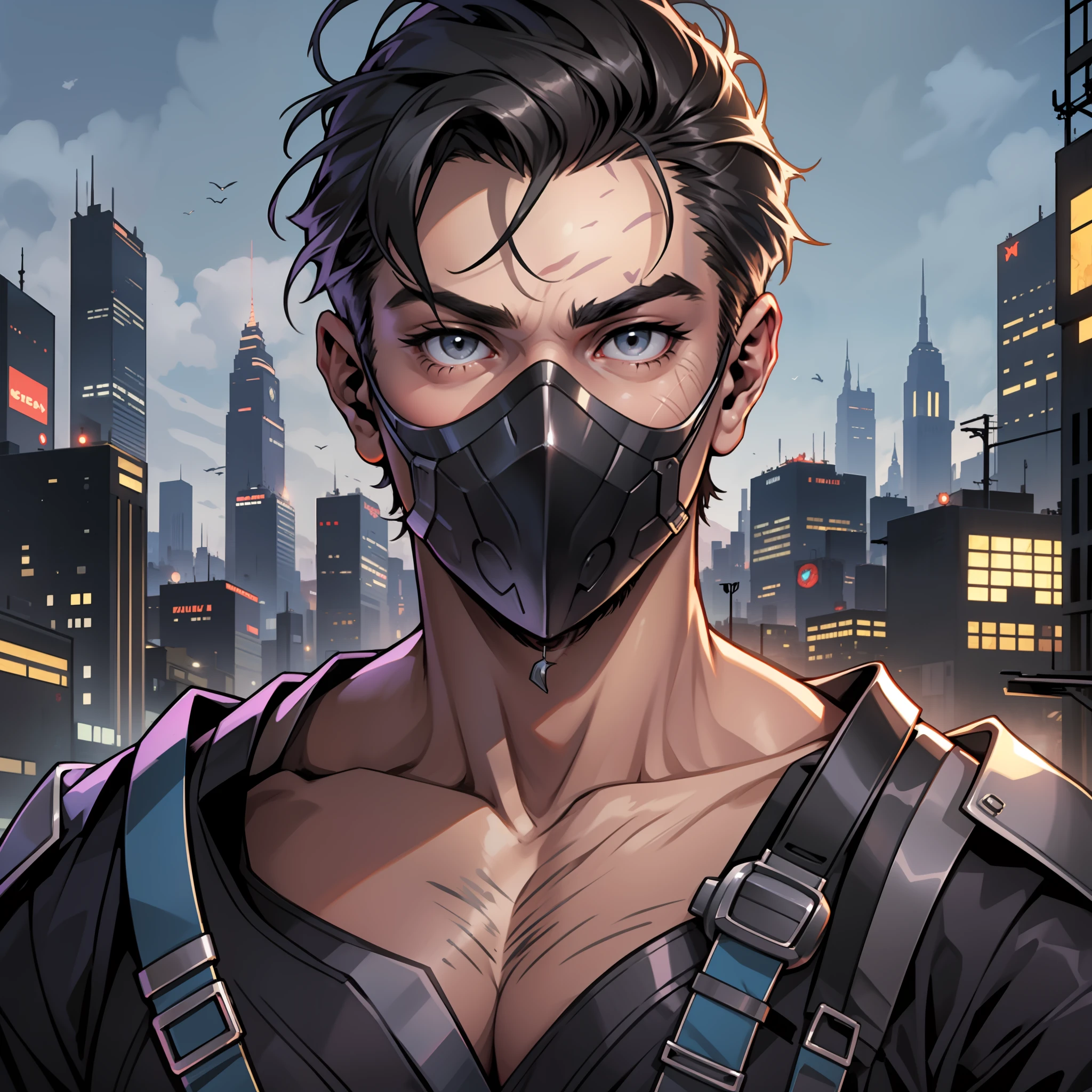 homem de 18 anos vestindo fantasia rasgada de homem aranha, no mask on the face, com uma cidade futuristica de fundo --auto --s2