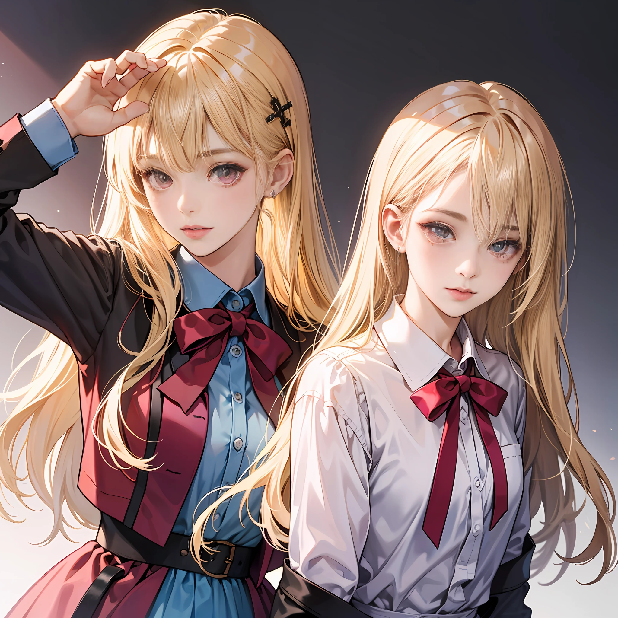 Blonde shoulder-length straight hair girl，Pink eyes，Partial split bangs，Light blue shirt，The cross bow tie is not fastened on one side --auto