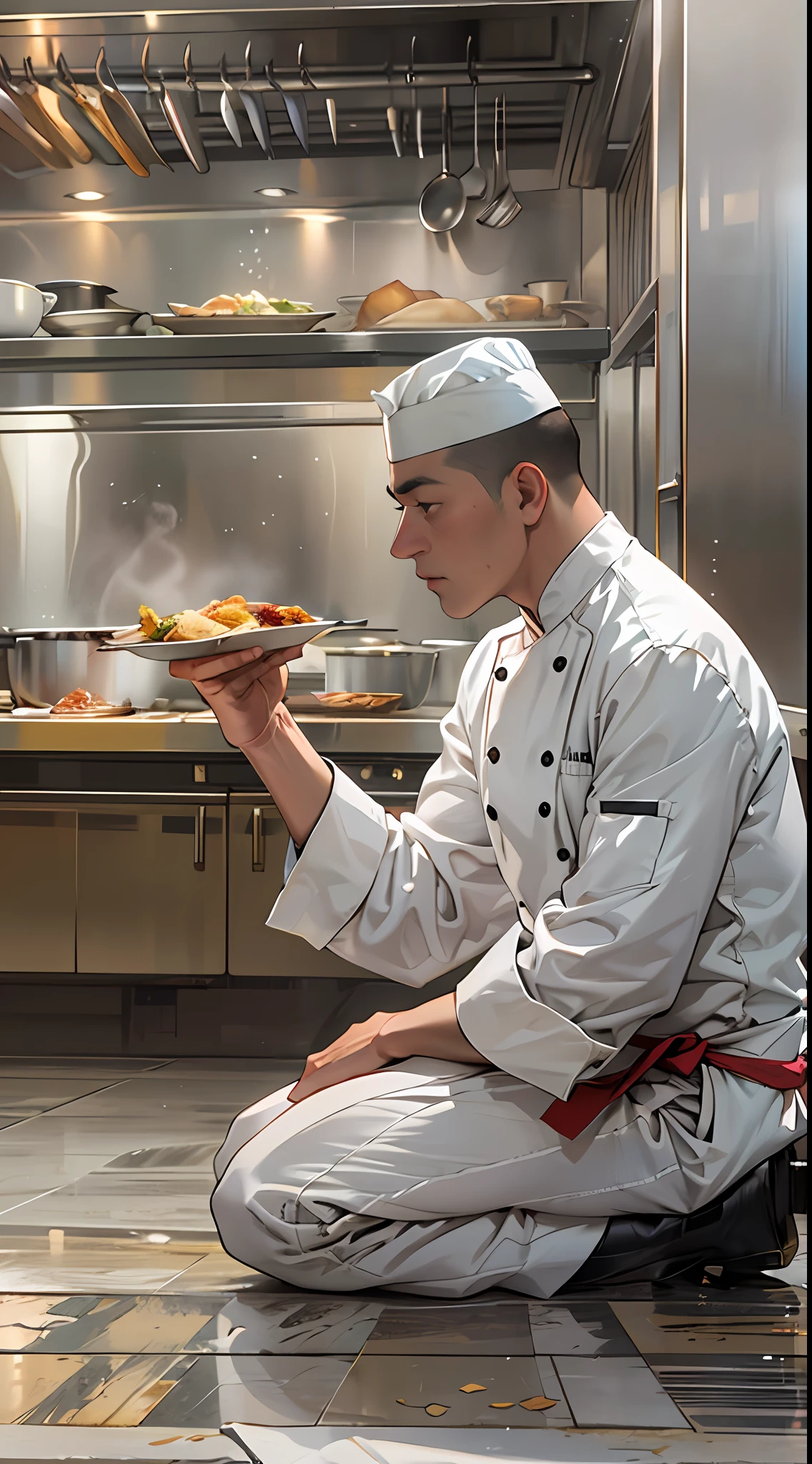 In the distance, the 7-star hotel heard the noise of the kitchen，Middle-aged male head chef kneeling on the ground，With his hands folded, he begged the young male chef to take him as an apprentice。Best quality，Masterpiece level，super detailing，Highly delicate。