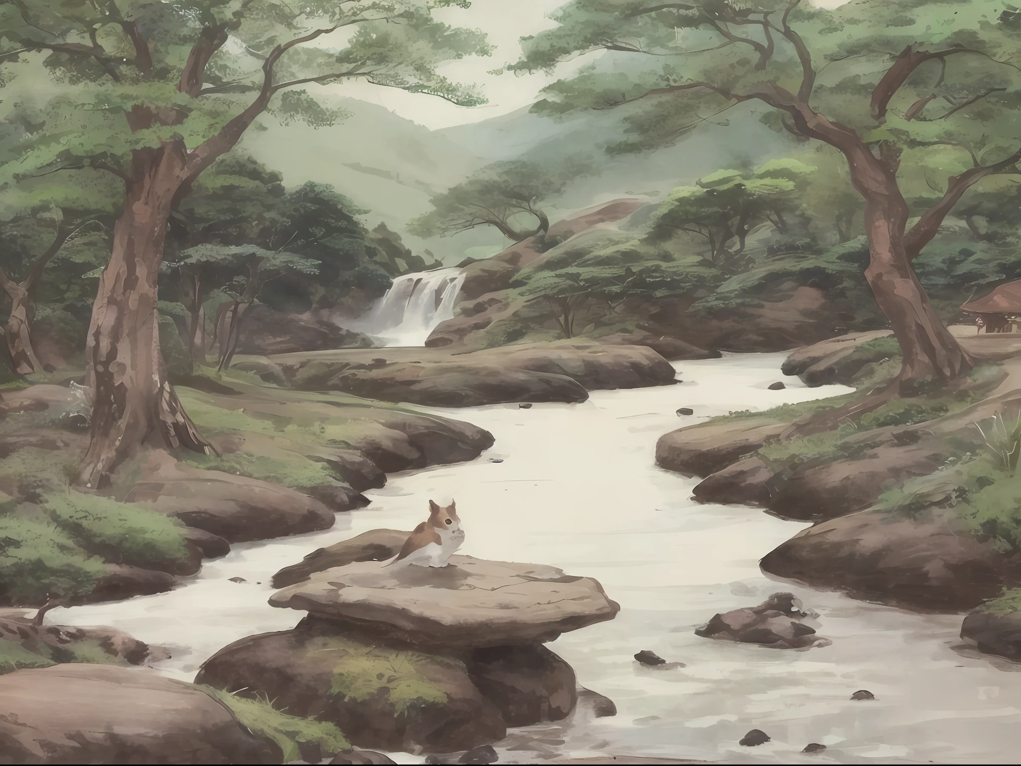 Landscape painting,Yamakawa,rios,Small animals,gouache painting,Chinese Ancient Times,Primitive people