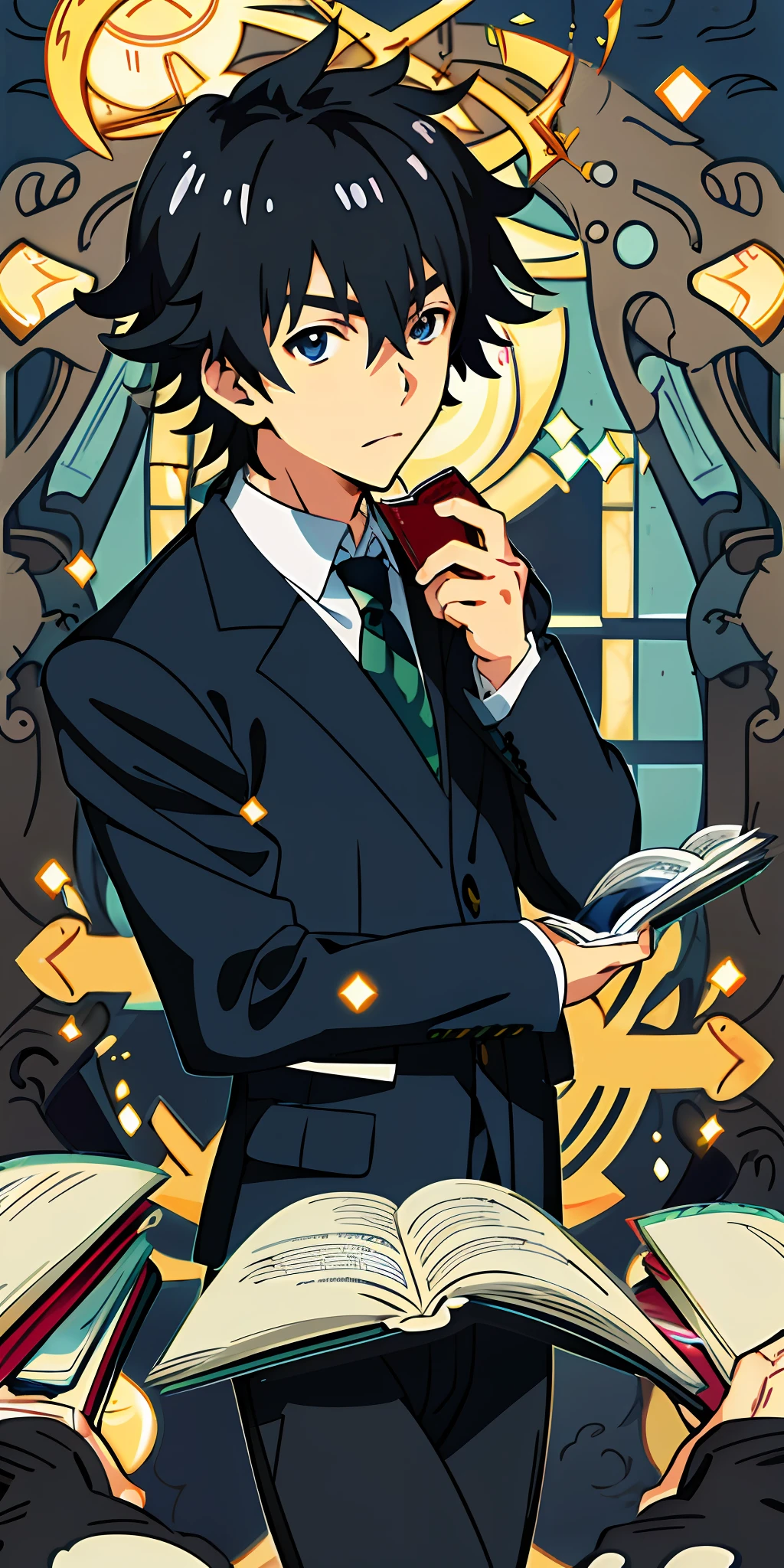 Anime boy in suit reading in library, young anime man, Anime boy, Handsome anime pose, makoto kano, Smooth anime CG art, Makoto Shinkai。a digital rendering, inspirado em Okumura Masanobu, hijikata toushirou, shigenori soejima illustration, anime moe art style。