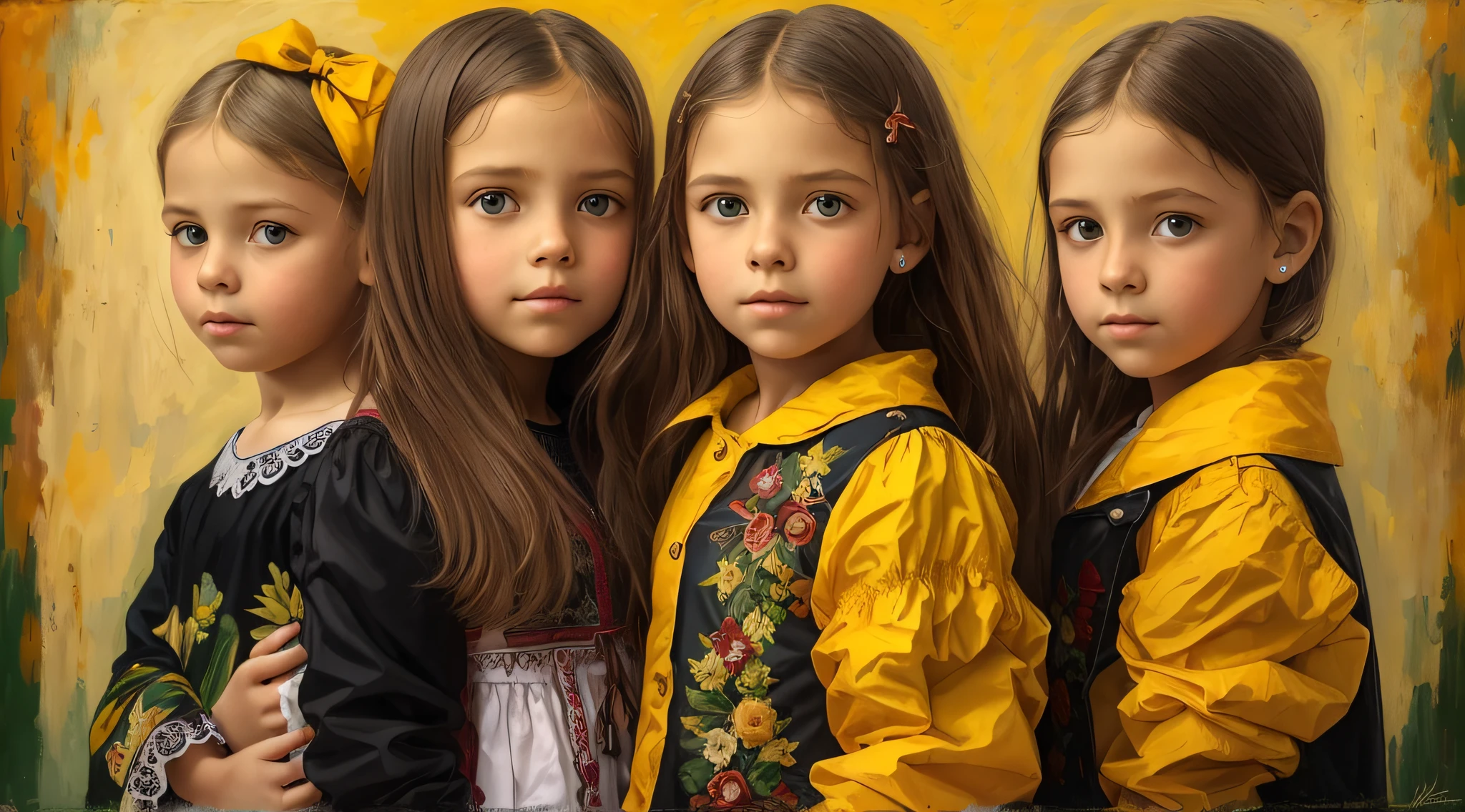 GIRLS Russian children with 10 years, loiro cabelos compridos, PORTRAIT, JAQUETA PRETA E ROUPA PRETA, FUNDO AMARELO.