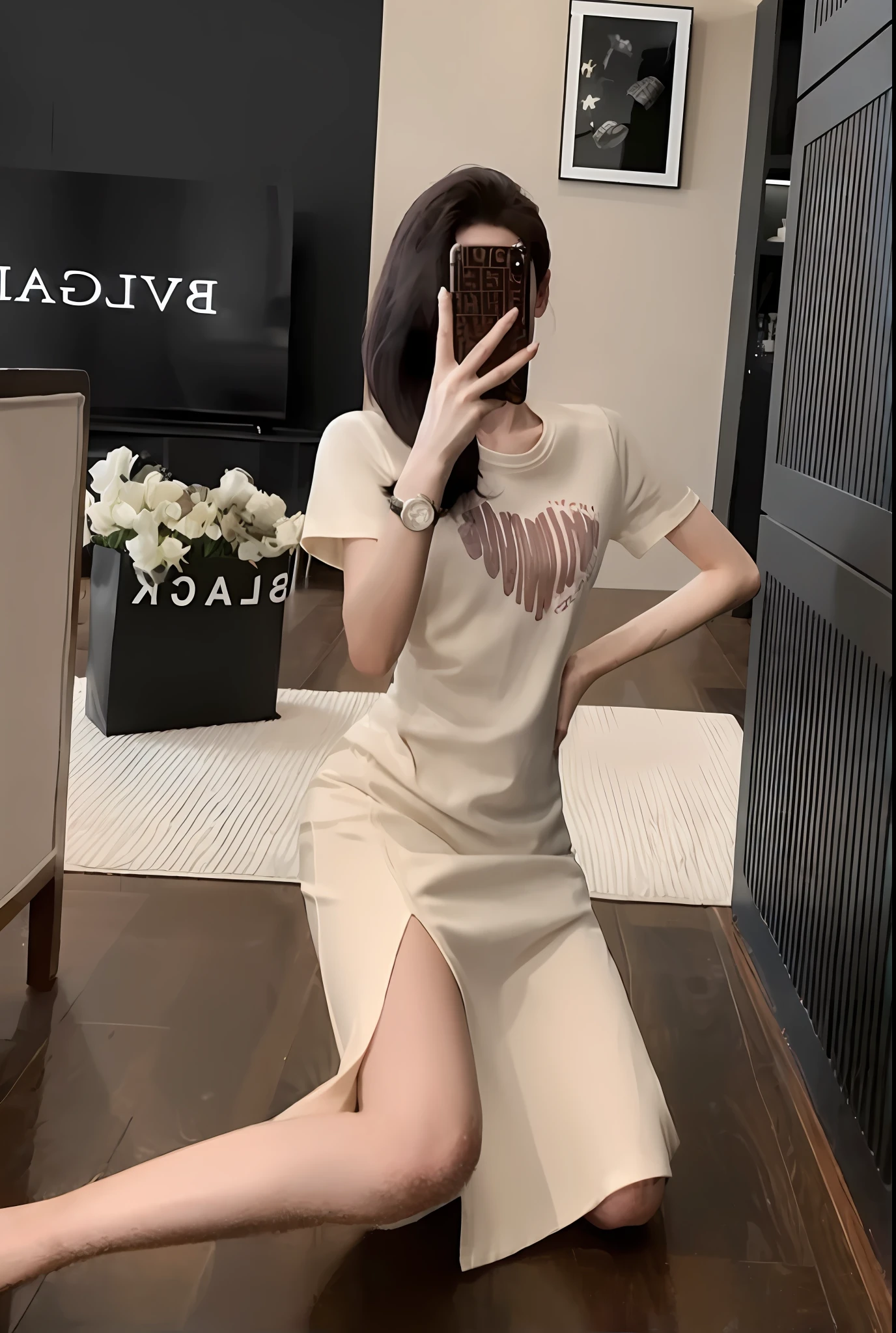 A woman takes a selfie in a dress sitting on the floor, light half opened dress, 2 0 2 0 fashion, Luxury dress, Long dress, dress, Open V chest clothes, simple dress, soft silk dress, opened dress, Stylish, trendy dress, bone dress, Long shirt, Femme, revealing stylish dress, full - length view, white trendy clothes