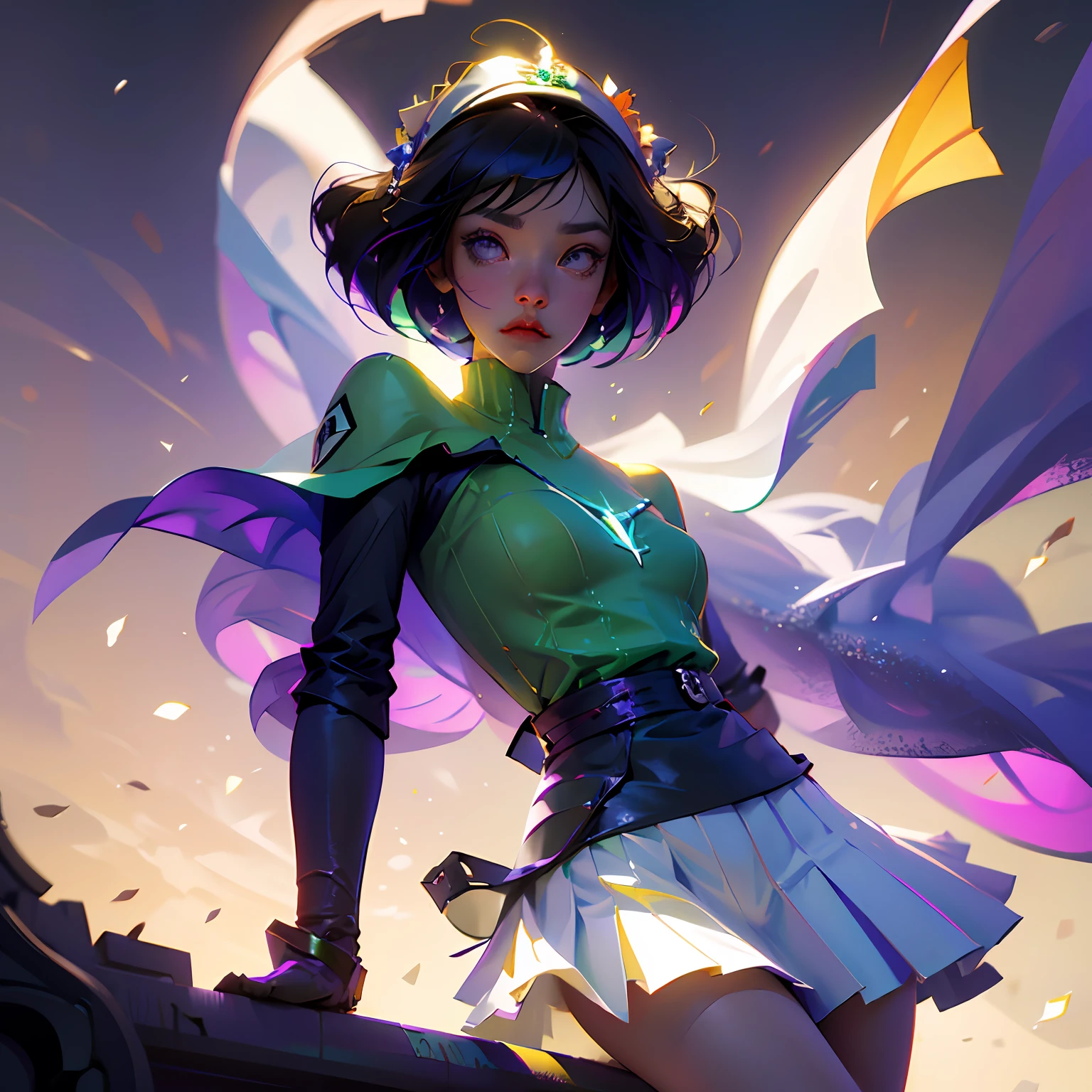 (Extreme Detail CG Unity 8K Wallpapers,tmasterpiece,Highest image quality),(Delicate light and shadow,The picture is highly dramatic,Cinematic lens effect),Gentle and lovely beautiful woman,Purple gradient green short hair,The green collar has a purple lightning pendant,The upper body is wearing a green sleeveless short tracksuit,revealing her belly,Squeeze your eyes,Big breasts Thin waist,Green belt at waist,Short white furry skirt,White stockings on her legs,Holding a purple spear,There is a snowflake headdress on the head,juri misaki,cyber punk style --auto