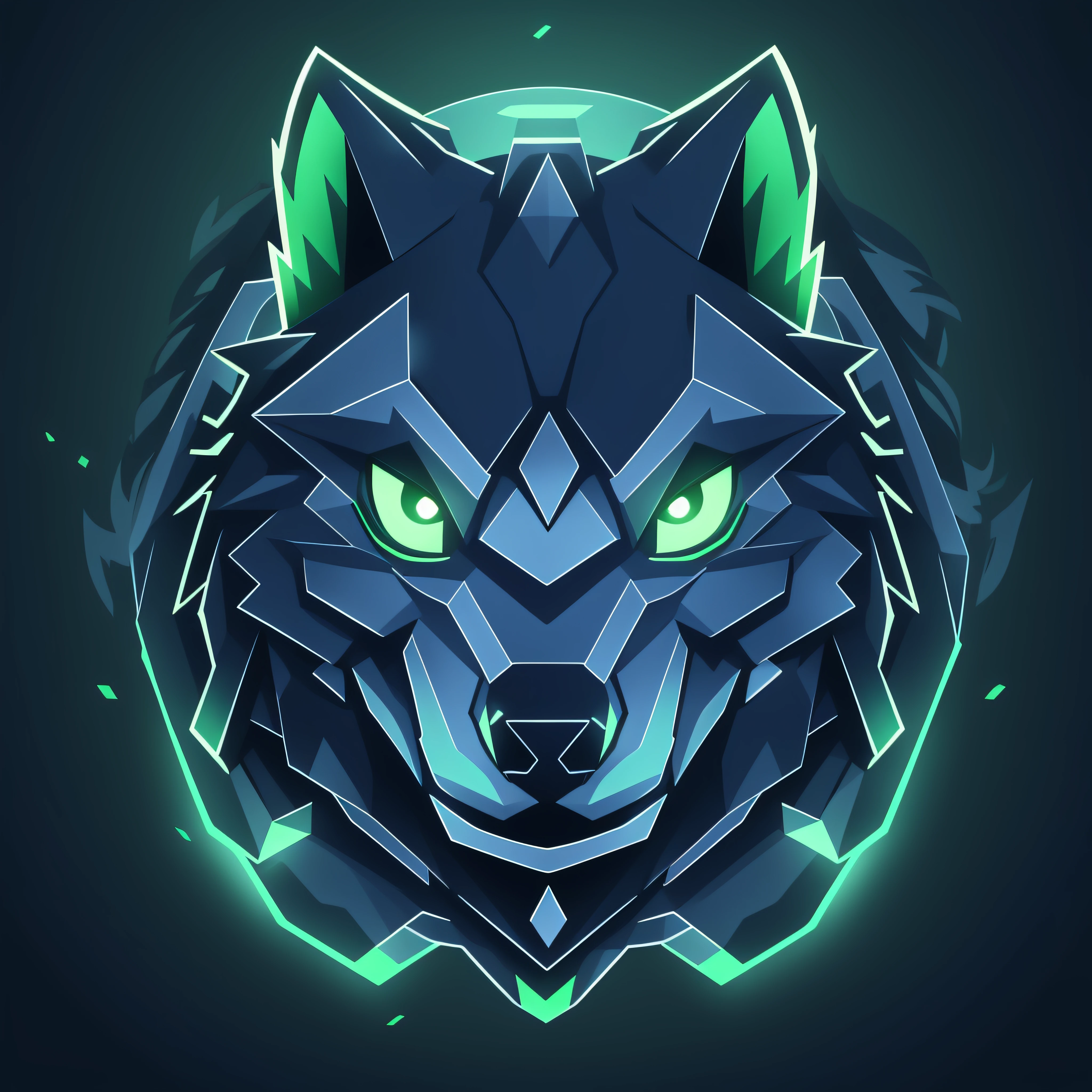 A detailed illustration face wolf,magic, esports, glowing green, howling, shield shaped logo, #69E200 hex, dark blue second color,  soccer logo, dark, ghotic, t-shirt design, in the style of Studio Ghibli, pastel tetradic colors, 3D vector art, cute and quirky, fantasy art, glowing green, soccer ball esports, Adobe Illustrator, hand-drawn, digital painting, minimalist, low-poly, soft lighting, bird's-eye view, isometric style, retro aesthetic, focused on the character, 4K resolution, photorealistic rendering, using Cinema 4D