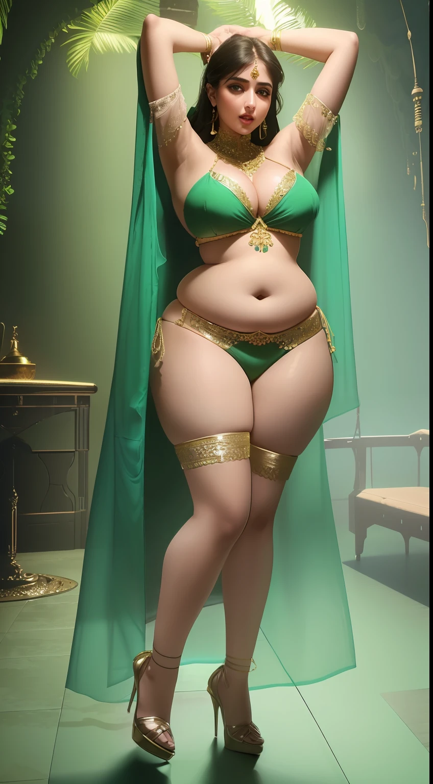 perfect face beautiful (arab:1.5) doctor in lace bra and saree wlop perfect full HDR body exposed midriff highleg (flat chest) curvy indian (armpits:1.4) bellydancer 8k chubby high res knees ankles , (plump:1.2) , cleavage (shiny skin:1.2) (full body shot:1.5) (high heels:1.5) lace bra(kissing a man:1.7) thong(cave:1.4) (green theme:1.3)