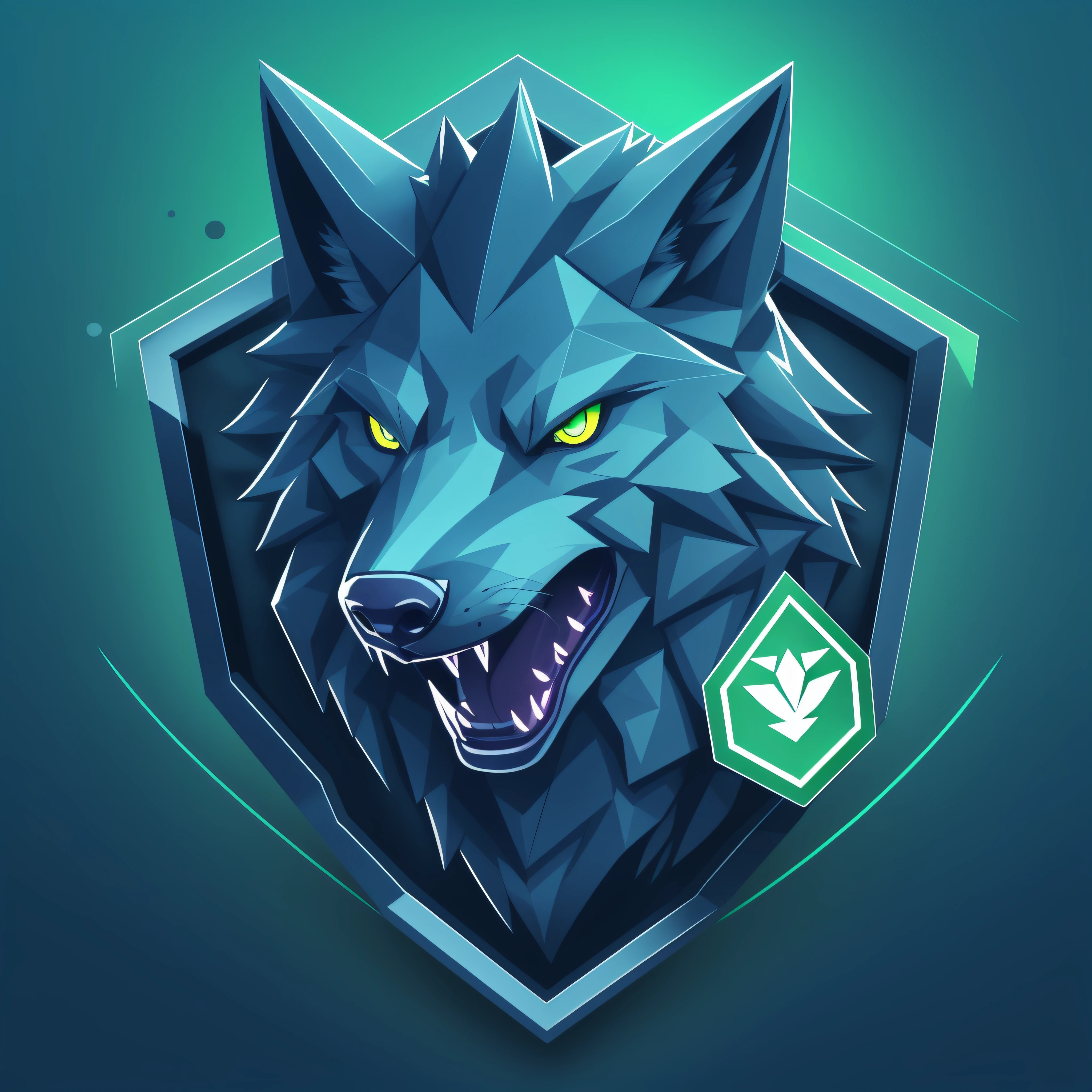 A detailed illustration face wolf,magic, esports, glowing green, howling, shield shaped logo, #69E200 hex, dark blue second color,  soccer logo, dark, ghotic, t-shirt design, in the style of Studio Ghibli, pastel tetradic colors, 3D vector art, cute and quirky, fantasy art, glowing green, soccer ball esports, Adobe Illustrator, hand-drawn, digital painting, minimalist, low-poly, soft lighting, bird's-eye view, isometric style, retro aesthetic, focused on the character, 4K resolution, photorealistic rendering, using Cinema 4D