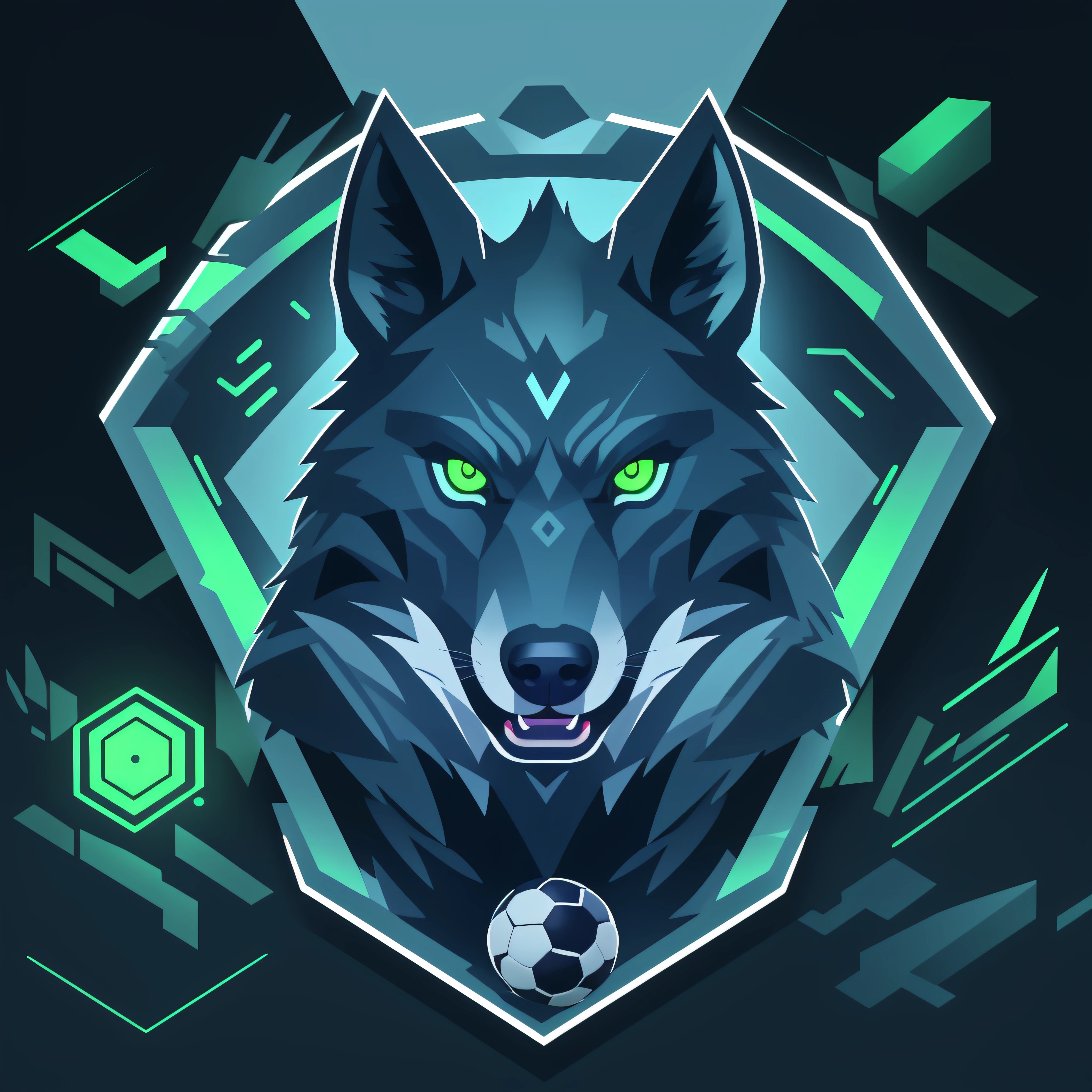 A detailed illustration face wolf,magic, esports, glowing green, howling, shield shaped logo, #69E200 hex, dark blue second color, soccer logo, dark, ghotic, t-shirt design, in the style of Studio Ghibli, pastel tetradic colors, 3D vector art, cute and quirky, fantasy art, glowing green, soccer ball esports, Adobe Illustrator, hand-drawn, digital painting, minimalist, low-poly, soft lighting, bird's-eye view, isometric style, retro aesthetic, focused on the character, 4K resolution, photorealistic rendering, using Cinema 4D